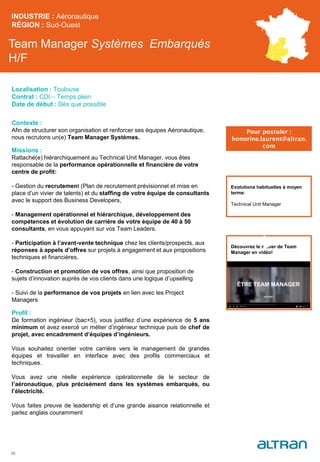 Team Manager Systèmes Embarqués
H/F
Contexte :
Afin de structurer son organisation et renforcer ses équipes Aéronautique,
nous recrutons un(e) Team Manager Systèmes.
Missions :
Rattaché(e) hiérarchiquement au Technical Unit Manager, vous êtes
responsable de la performance opérationnelle et financière de votre
centre de profit:
- Gestion du recrutement (Plan de recrutement prévisionnel et mise en
place d’un vivier de talents) et du staffing de votre équipe de consultants
avec le support des Business Developers,
- Management opérationnel et hiérarchique, développement des
compétences et évolution de carrière de votre équipe de 40 à 50
consultants, en vous appuyant sur vos Team Leaders.
- Participation à l’avant-vente technique chez les clients/prospects, aux
réponses à appels d’offres sur projets à engagement et aux propositions
techniques et financières,
- Construction et promotion de vos offres, ainsi que proposition de
sujets d’innovation auprès de vos clients dans une logique d’upselling
- Suivi de la performance de vos projets en lien avec les Project
Managers
Profil :
De formation ingénieur (bac+5), vous justifiez d’une expérience de 5 ans
minimum et avez exercé un métier d’ingénieur technique puis de chef de
projet, avec encadrement d’équipes d’ingénieurs.
Vous souhaitez orienter votre carrière vers le management de grandes
équipes et travailler en interface avec des profils commerciaux et
techniques.
Vous avez une réelle expérience opérationnelle de le secteur de
l’aéronautique, plus précisément dans les systèmes embarqués, ou
l’électricité.
Vous faites preuve de leadership et d’une grande aisance relationnelle et
parlez anglais couramment
INDUSTRIE : Aéronautique
RÉGION : Sud-Ouest
28
Localisation : Toulouse
Contrat : CDI – Temps plein
Date de début : Dès que possible
Pour postuler :
honorine.laurent@altran.
com
Evolutions habituelles à moyen
terme:
Technical Unit Manager
Découvrez le métier de Team
Manager en vidéo!
 