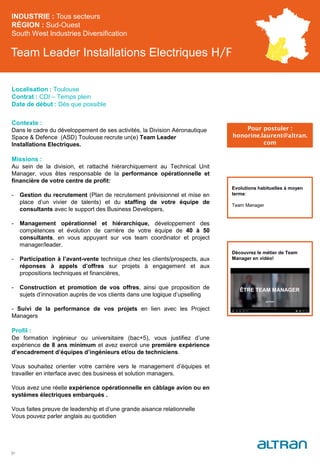 Team Leader Installations Electriques H/F
Contexte :
Dans le cadre du développement de ses activités, la Division Aéronautique
Space & Defence (ASD) Toulouse recrute un(e) Team Leader
Installations Electriques.
Missions :
Au sein de la division, et rattaché hiérarchiquement au Technical Unit
Manager, vous êtes responsable de la performance opérationnelle et
financière de votre centre de profit:
- Gestion du recrutement (Plan de recrutement prévisionnel et mise en
place d’un vivier de talents) et du staffing de votre équipe de
consultants avec le support des Business Developers,
- Management opérationnel et hiérarchique, développement des
compétences et évolution de carrière de votre équipe de 40 à 50
consultants, en vous appuyant sur vos team coordinator et project
manager/leader.
- Participation à l’avant-vente technique chez les clients/prospects, aux
réponses à appels d’offres sur projets à engagement et aux
propositions techniques et financières,
- Construction et promotion de vos offres, ainsi que proposition de
sujets d’innovation auprès de vos clients dans une logique d’upselling
- Suivi de la performance de vos projets en lien avec les Project
Managers
Profil :
De formation ingénieur ou universitaire (bac+5), vous justifiez d’une
expérience de 8 ans minimum et avez exercé une première expérience
d’encadrement d’équipes d’ingénieurs et/ou de techniciens.
Vous souhaitez orienter votre carrière vers le management d’équipes et
travailler en interface avec des business et solution managers.
Vous avez une réelle expérience opérationnelle en câblage avion ou en
systèmes électriques embarqués .
Vous faites preuve de leadership et d’une grande aisance relationnelle
Vous pouvez parler anglais au quotidien
INDUSTRIE : Tous secteurs
RÉGION : Sud-Ouest
South West Industries Diversification
31
Localisation : Toulouse
Contrat : CDI – Temps plein
Date de début : Dès que possible
Pour postuler :
honorine.laurent@altran.
com
Evolutions habituelles à moyen
terme:
Team Manager
Découvrez le métier de Team
Manager en vidéo!
 