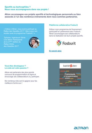 Plateforme collaborative Fosburit
Grâce à son programme de financement
participatif en partenariat avec Fosburit,
Altran accompagne ses collaborateurs
dans la réalisation de leurs projets sportifs.
En savoir plus
Vous êtes développeur ?
Le code est votre passion ?
Altran est partenaire des plus grands
concours de programmation en ligne et
encourage ses collaborateurs à y participer.
De nombreux lots sont à gagner pour les
meilleurs d’entre eux !
Sportifs ou technophiles ?
Nous vous accompagnons dans vos projets !
Altran accompagne vos projets sportifs et technologiques personnels ou bien
associés à l’un des nombreux événements dont nous sommes partenaires.
« Grâce à Altran, nous avons participé au
Rallye des Gazelles 2017 ! Merci pour son
soutien avec le programme Fosburit ! ».
Tiphaine, Ingénieure Génie
Civil Altran Participante
de la 27ème édition du
Rallye Aïcha
des Gazelles 2017
 