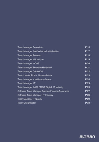 15
Team Manager Powertrain P 16
Team Manager Méthodes Industrialisation P 17
Team Manager Réseaux P 18
Team Manager Mécanique P 19
Team Manager ADAS P 20
Team Manager Software/Hardware P 21
Team Manager Génie Civil P 22
Team Leader PLM - Nomenclature P 23
Team Manager – métiers software P 24
Team Manager IT P 25
Team Manager MOA / MOA Digital IT Industry P 26
Software Team Manager Banque-Finance-Assurance P 27
Software Team Manager IT Industry P 28
Team Manager IT Quality P 29
Team Unit Director P 30
 