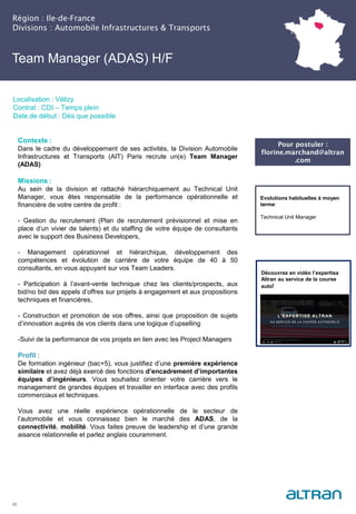 Team Manager (ADAS) H/F
(Nucléaire) H/F
Région : Ile-de-France
Divisions : Automobile Infrastructures & Transports
20
Localisation : Vélizy
Contrat : CDI – Temps plein
Date de début : Dès que possible
Pour postuler :
florine.marchand@altran
.com
Evolutions habituelles à moyen
terme:
Technical Unit Manager
Contexte :
Dans le cadre du développement de ses activités, la Division Automobile
Infrastructures et Transports (AIT) Paris recrute un(e) Team Manager
(ADAS)
Missions :
Au sein de la division et rattaché hiérarchiquement au Technical Unit
Manager, vous êtes responsable de la performance opérationnelle et
financière de votre centre de profit :
- Gestion du recrutement (Plan de recrutement prévisionnel et mise en
place d’un vivier de talents) et du staffing de votre équipe de consultants
avec le support des Business Developers,
- Management opérationnel et hiérarchique, développement des
compétences et évolution de carrière de votre équipe de 40 à 50
consultants, en vous appuyant sur vos Team Leaders.
- Participation à l’avant-vente technique chez les clients/prospects, aux
bid/no bid des appels d’offres sur projets à engagement et aux propositions
techniques et financières,
- Construction et promotion de vos offres, ainsi que proposition de sujets
d’innovation auprès de vos clients dans une logique d’upselling
-Suivi de la performance de vos projets en lien avec les Project Managers
Profil :
De formation ingénieur (bac+5), vous justifiez d’une première expérience
similaire et avez déjà exercé des fonctions d’encadrement d’importantes
équipes d’ingénieurs. Vous souhaitez orienter votre carrière vers le
management de grandes équipes et travailler en interface avec des profils
commerciaux et techniques.
Vous avez une réelle expérience opérationnelle de le secteur de
l’automobile et vous connaissez bien le marché des ADAS, de la
connectivité, mobilité. Vous faites preuve de leadership et d’une grande
aisance relationnelle et parlez anglais couramment.
Découvrez en vidéo l’expertisa
Altran au service de la course
auto!
 