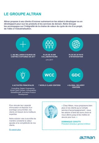 LE GROUPE ALTRAN
« Chez Altran, nous proposons bien
plus à nos clients qu’un simple
service d’accompagnement : nous
les aidons à faire les bons choix et
nous allons jusqu’à les mettre en
œuvre pour eux. »
DOMINIQUE CERUTTI
Président-directeur général d’Altran
2. 282 MILLIARDS D’EUROS DE
CHIFFRE D’AFFAIRES EN 2017
PLUS DE 45 000
COLLABORATEURS
à fin 2017
PLUS DE 20 PAYS
D’INTERVENTION
6 ACTIVITÉS PRINCIPALES
Consulting, Digital, Engineering,
World Class Centers, Industrialized
GlobalShore®, Innovative Product
Development
7 WORLD CLASS CENTERS 4 GLOBAL DELIVERY
CENTERS
Altran propose à ses clients d’innover autrement en les aidant à développer ou en
développant pour eux les produits et les services de demain. Notre Groupe
les accompagne sur l’intégralité de la chaîne de valeur du cycle de vie d’un projet,
de l’idée à l’industrialisation.
Pour stimuler leur capacité
d'innovation et disposer d'un
avantage concurrentiel, nos
clients ont besoin de la meilleure
expertise.
Notre solution vise à accroître de
manière constante la valeur
ajoutée et la compétitivité de nos
clients.
En savoir plus
 