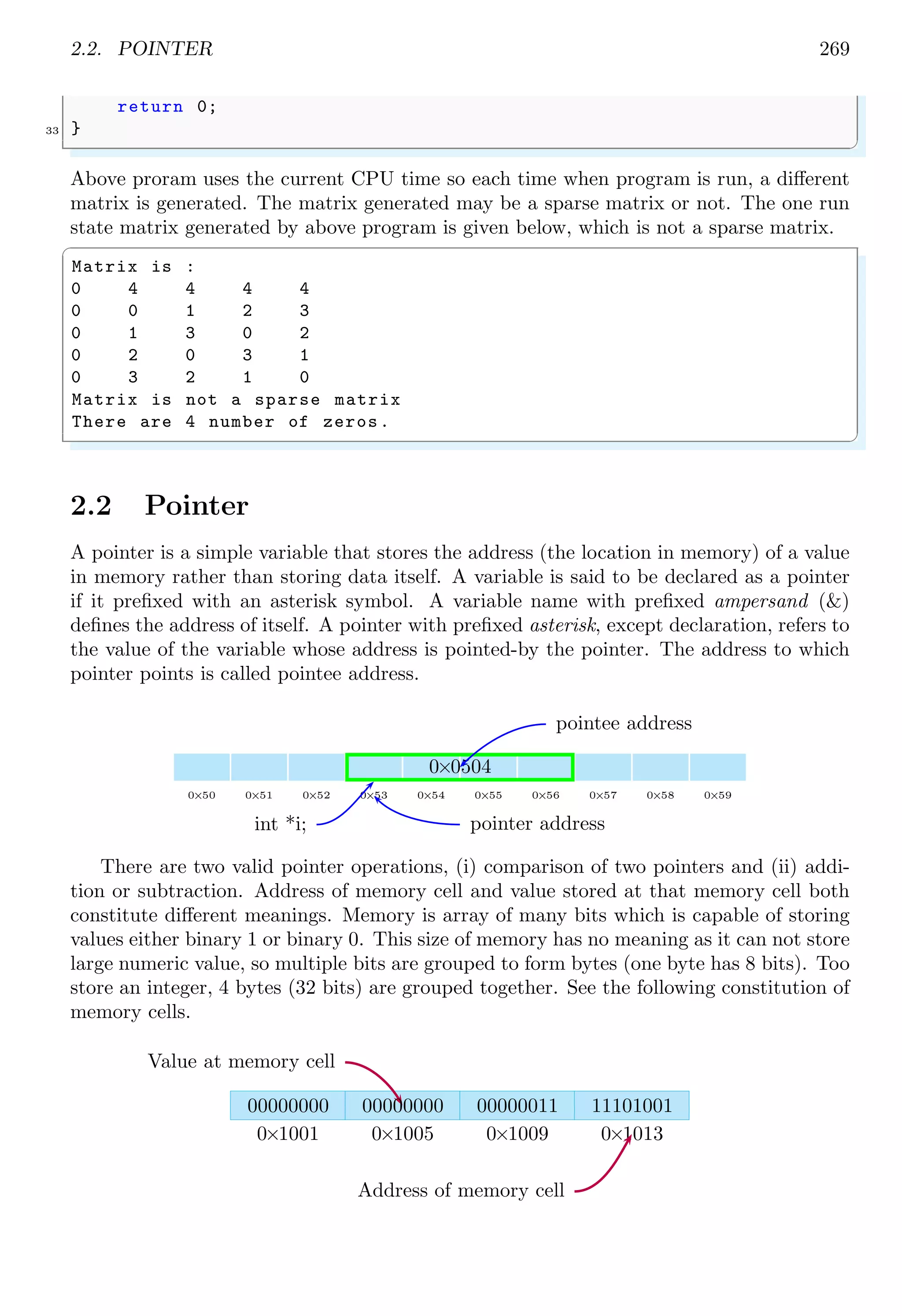 2.1. ARRAY 255
0×0012 0×0013 0×0014 0×0015 0×0016
T h i s 0
0×0112 0×0113 0×0114 0×0115 0×0116
i s 0
myArr[0]+1
myArr[1]
Using pointer, we can access whole string or its part of string. For example, ‘*myArry’
is the same as myArry[0]. ‘(*myArry)[0]’ is the same as **myArry, which is the first
character of the string and not the address of the string.
✞
#include <stdio.h>
2
int main () {
4 char * myArr[2] = {"This ", "Home "};
printf("For ’This ’ : %sn", myArr [0]) ;
6 printf("For ’Home ’ : %sn", myArr [1]) ;
/* Address of ’This ’ pointed by * myArr and*
8 *it points to address of character ’T’ */
printf("For ’This ’ : %sn", *myArr);
10 /* Dereference to pointer that is pointing *
*to address where string ’This ’ is stored. *
12 *Pointer points to location of character ’T ’.*/
printf("For ’T’ : %c n", ** myArr);
14 /* same as above*/
printf("For ’T’ : %c n", (* myArr)[0]) ;
16 /* Dereference to pointer that is pointing *
*to address where string ’This ’ is stored.*
18 *Pointer in incremented by one , and now , *
*it points to location of character ’h ’. */
20 printf("For ’h’ : %c n", (* myArr)[1]) ;
/* same as above*/
22 printf("For ’h’ : %c n", *(* myArr +1));
return 0;
24 }
✌
✆
✞
For ’This ’ : This
For ’Home ’ : Home
For ’This ’ : This
For ’T’ : T
For ’T’ : T
For ’h’ : h
For ’h’ : h
✌
✆
2.1.4 Array in Function
In functions arguments are passed to it as value unless the function needs alter the
argument. If function needs update the argument, argument should be passed to function
as its argument. Arrays can also passed to functions as pointers. If an array is passed to
 