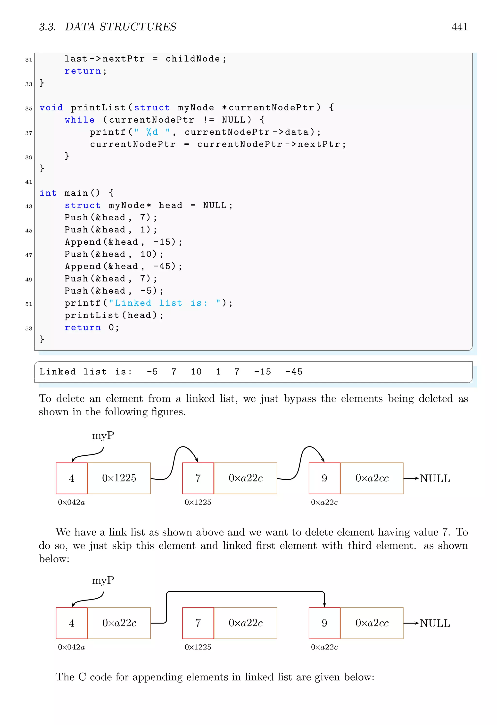 3.3. DATA STRUCTURES 441 31 last -> nextPtr = childNode ; return; 33 } 35 void printList (struct myNode *currentNodePtr ) { while (currentNodePtr != NULL ) { 37 printf(" %d ", currentNodePtr ->data ); currentNodePtr = currentNodePtr ->nextPtr; 39 } } 41 int main () { 43 struct myNode* head = NULL ; Push (& head , 7); 45 Push (& head , 1); Append (&head , -15); 47 Push (& head , 10); Append (&head , -45); 49 Push (& head , 7); Push (& head , -5); 51 printf("Linked list is: "); printList (head ); 53 return 0; } ✌ ✆ ✞ Linked list is: -5 7 10 1 7 -15 -45 ✌ ✆ To delete an element from a linked list, we just bypass the elements being deleted as shown in the following figures. 4 0×042a 0×1225 7 0×1225 0×a22c 9 0×a22c 0×a2cc myP NULL We have a link list as shown above and we want to delete element having value 7. To do so, we just skip this element and linked first element with third element. as shown below: 4 0×042a 0×a22c 7 0×1225 0×a22c 9 0×a22c 0×a2cc myP NULL The C code for appending elements in linked list are given below: 