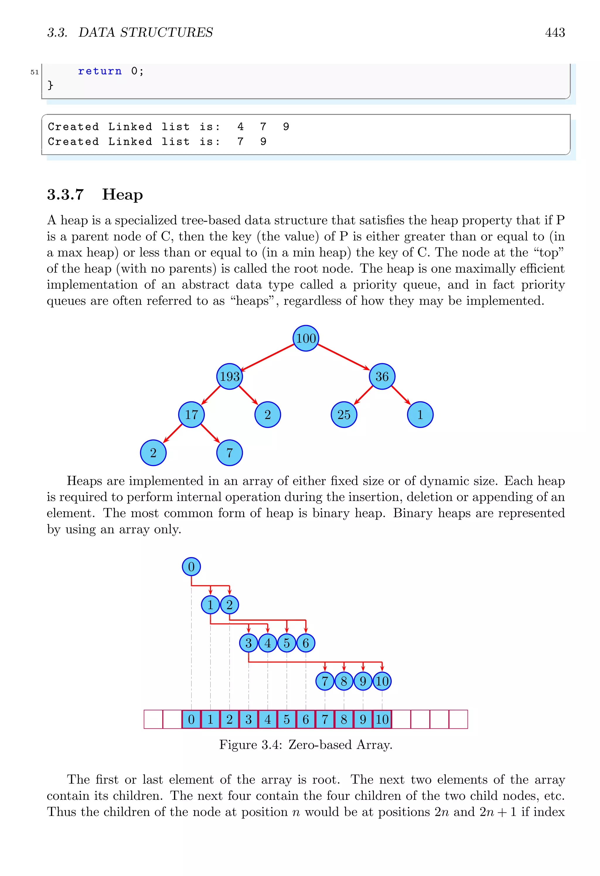 3.3. DATA STRUCTURES 443 51 return 0; } ✌ ✆ ✞ Created Linked list is: 4 7 9 Created Linked list is: 7 9 ✌ ✆ 3.3.7 Heap A heap is a specialized tree-based data structure that satisfies the heap property that if P is a parent node of C, then the key (the value) of P is either greater than or equal to (in a max heap) or less than or equal to (in a min heap) the key of C. The node at the “top” of the heap (with no parents) is called the root node. The heap is one maximally efficient implementation of an abstract data type called a priority queue, and in fact priority queues are often referred to as “heaps”, regardless of how they may be implemented. 100 193 36 17 2 25 1 2 7 Heaps are implemented in an array of either fixed size or of dynamic size. Each heap is required to perform internal operation during the insertion, deletion or appending of an element. The most common form of heap is binary heap. Binary heaps are represented by using an array only. 0 1 2 3 4 5 6 7 8 9 10 0 1 2 3 4 5 6 7 8 9 10 Figure 3.4: Zero-based Array. The first or last element of the array is root. The next two elements of the array contain its children. The next four contain the four children of the two child nodes, etc. Thus the children of the node at position n would be at positions 2n and 2n + 1 if index 