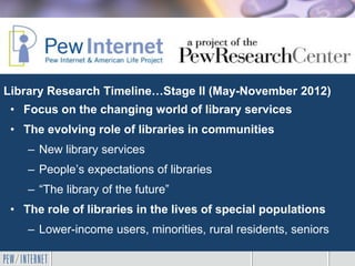 Library Research Timeline…Stage II (May-November 2012)
 • Focus on the changing world of library services
 • The evolving role of libraries in communities
    – New library services
    – People’s expectations of libraries
    – “The library of the future”
 • The role of libraries in the lives of special populations
    – Lower-income users, minorities, rural residents, seniors
 