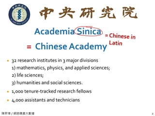 陳昇瑋 / 網路購書大數據 2
Academia Sinica
= Chinese Academy
32 research institutes in 3 major divisions
1) mathematics, physics, and...