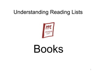 Understanding Reading Lists




       Books
                              1
 