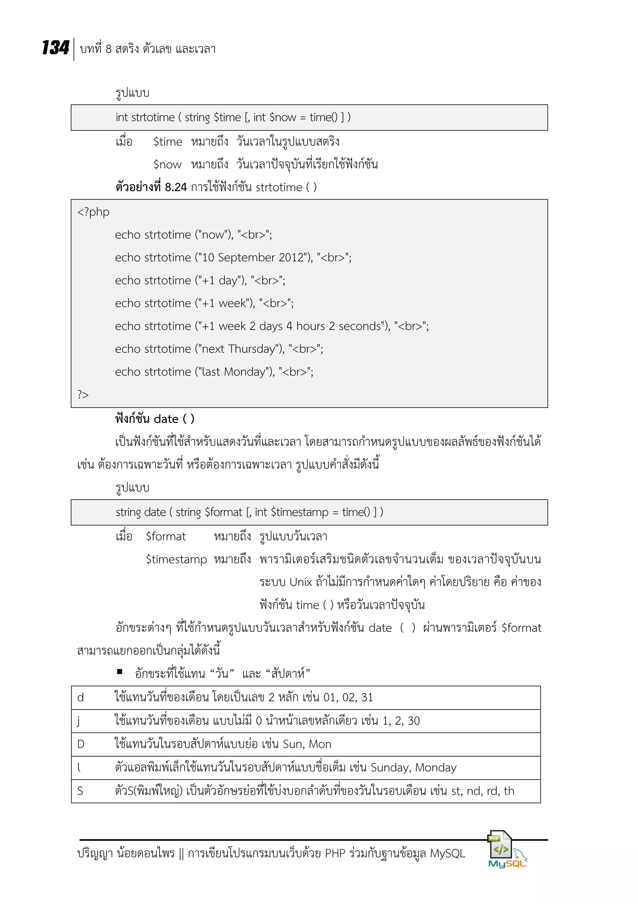 134 บทที่ 8 สตริง ตัวเลข และเวลา
รูปแบบ
int strtotime ( string $time [, int $now = time() ] )
เมื่อ $time หมายถึง วันเวลาในรูปแบบสตริง
$now หมายถึง วันเวลาปัจจุบันที่เรียกใช้ฟังก์ชัน
ตัวอย่างที่ 8.24 การใช้ฟังก์ชัน strtotime ( )
<?php
echo strtotime ("now"), "<br>";
echo strtotime ("10 September 2012"), "<br>";
echo strtotime ("+1 day"), "<br>";
echo strtotime ("+1 week"), "<br>";
echo strtotime ("+1 week 2 days 4 hours 2 seconds"), "<br>";
echo strtotime ("next Thursday"), "<br>";
echo strtotime ("last Monday"), "<br>";
?>
ฟังก์ชน date ( )
ั
เป็นฟังก์ชันที่ใช้สาหรับแสดงวันที่และเวลา โดยสามารถกาหนดรูปแบบของผลลัพธ์ของฟังก์ชันได้
เช่น ต้องการเฉพาะวันที่ หรือต้องการเฉพาะเวลา รูปแบบคาสั่งมีดังนี้
รูปแบบ
string date ( string $format [, int $timestamp = time() ] )
เมื่อ $format
หมายถึง รูปแบบวันเวลา
$timestamp หมายถึง พารามิเตอร์เสริม ชนิดตัวเลขจานวนเต็ม ของเวลาปัจจุบันบน
ระบบ Unix ถ้าไม่มีการกาหนดค่าใดๆ ค่าโดยปริยาย คือ ค่าของ
ฟังก์ชัน time ( ) หรือวันเวลาปัจจุบัน
อักขระต่างๆ ที่ใช้กาหนดรูปแบบวันเวลาสาหรับฟังก์ชัน date ( ) ผ่านพารามิเตอร์ $format
สามารถแยกออกเป็นกลุ่มได้ดังนี้
 อักขระที่ใช้แทน “วัน” และ “สัปดาห์”
d
ใช้แทนวันที่ของเดือน โดยเป็นเลข 2 หลัก เช่น 01, 02, 31
j
ใช้แทนวันที่ของเดือน แบบไม่มี 0 นาหน้าเลขหลักเดียว เช่น 1, 2, 30
D
ใช้แทนวันในรอบสัปดาห์แบบย่อ เช่น Sun, Mon
l
ตัวแอลพิมพ์เล็กใช้แทนวันในรอบสัปดาห์แบบชื่อเต็ม เช่น Sunday, Monday
S
ตัวS(พิมพ์ใหญ่) เป็นตัวอักษรย่อที่ใช้บ่งบอกลาดับที่ของวันในรอบเดือน เช่น st, nd, rd, th

ปริญญา น้อยดอนไพร || การเขียนโปรแกรมบนเว็บด้วย PHP ร่วมกับฐานข้อมูล MySQL

 