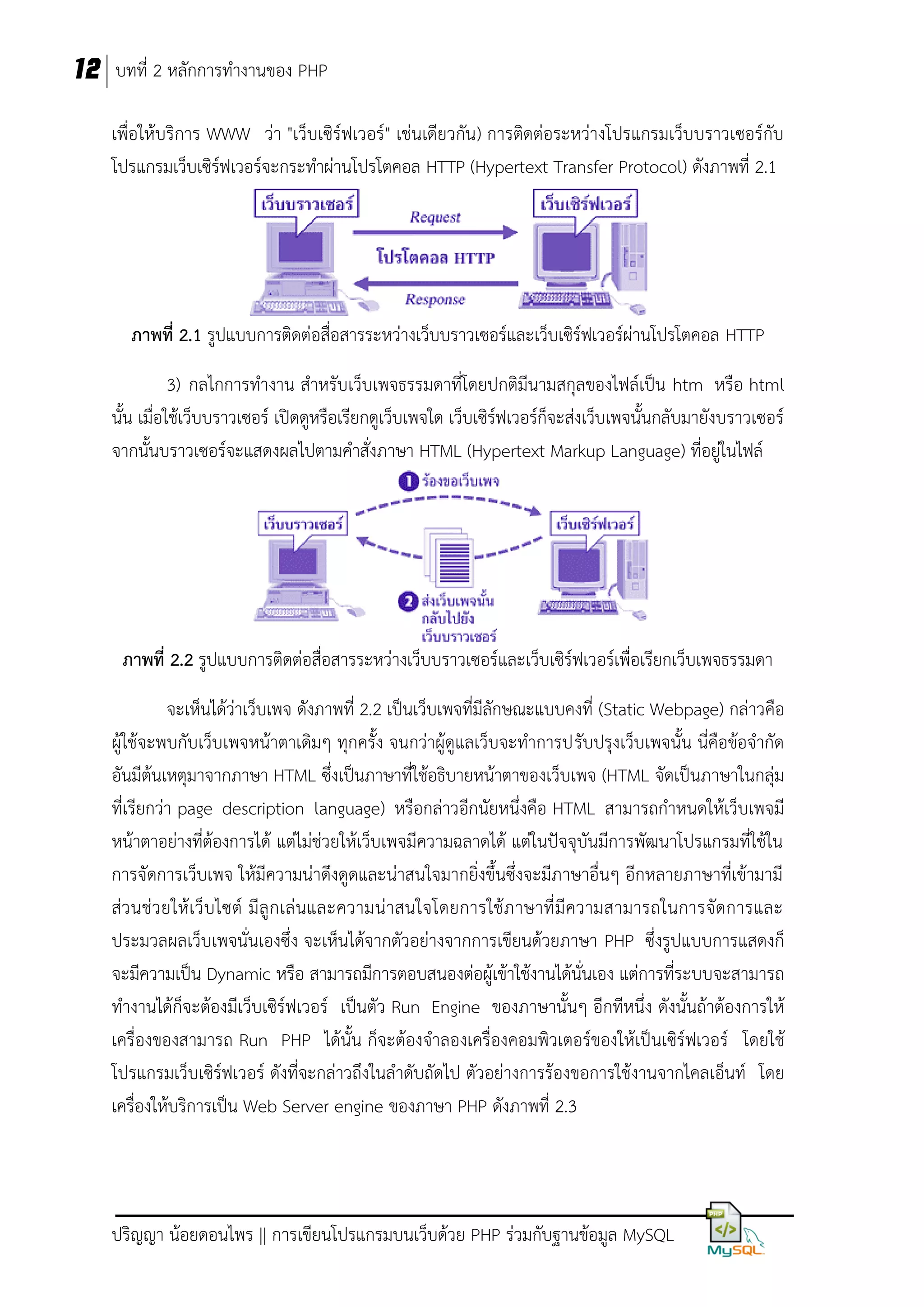 12 บทที่ 2 หลักการทางานของ PHP
เพื่อให้บริการ WWW ว่า "เว็บเซิร์ฟเวอร์ " เช่นเดียวกัน) การติดต่อระหว่างโปรแกรมเว็บบราวเซอร์กับ
โปรแกรมเว็บเซิร์ฟเวอร์จะกระทาผ่านโปรโตคอล HTTP (Hypertext Transfer Protocol) ดังภาพที่ 2.1

ภาพที่ 2.1 รูปแบบการติดต่อสื่อสารระหว่างเว็บบราวเซอร์และเว็บเซิร์ฟเวอร์ผ่านโปรโตคอล HTTP
3) กลไกการทางาน สาหรับเว็บเพจธรรมดาที่โดยปกติมีนามสกุลของไฟล์เป็น htm หรือ html
นั้น เมื่อใช้เว็บบราวเซอร์ เปิดดูหรือเรียกดูเว็บเพจใด เว็บเซิร์ฟเวอร์ก็จะส่งเว็บเพจนั้นกลับมายังบราวเซอร์
จากนั้นบราวเซอร์จะแสดงผลไปตามคาสั่งภาษา HTML (Hypertext Markup Language) ที่อยู่ในไฟล์

ภาพที่ 2.2 รูปแบบการติดต่อสื่อสารระหว่างเว็บบราวเซอร์และเว็บเซิร์ฟเวอร์เพื่อเรียกเว็บเพจธรรมดา
จะเห็นได้ว่าเว็บเพจ ดังภาพที่ 2.2 เป็นเว็บเพจที่มีลักษณะแบบคงที่ (Static Webpage) กล่าวคือ
ผู้ใช้จะพบกับเว็บเพจหน้าตาเดิมๆ ทุกครั้ง จนกว่าผู้ดูแลเว็บจะทาการปรับปรุงเว็บเพจนั้น นี่คือข้อจากัด
อันมีต้นเหตุมาจากภาษา HTML ซึ่งเป็นภาษาที่ใช้อธิบายหน้าตาของเว็บเพจ (HTML จัดเป็นภาษาในกลุ่ม
ที่เรียกว่า page description language) หรือกล่าวอีกนัยหนึ่งคือ HTML สามารถกาหนดให้เว็บเพจมี
หน้าตาอย่างที่ต้องการได้ แต่ไม่ช่วยให้เว็บเพจมีความฉลาดได้ แต่ในปัจจุบันมีการพัฒนาโปรแกรมที่ใช้ใน
การจัดการเว็บเพจ ให้มีความน่าดึงดูดและน่าสนใจมากยิ่งขึ้นซึ่งจะมีภาษาอื่นๆ อีกหลายภาษาที่เข้ามามี
ส่ว นช่ว ยให้ เว็บไซต์ มีลู กเล่ นและความน่ าสนใจโดยการใช้ภ าษาที่มีความสามารถในการจัดการและ
ประมวลผลเว็บเพจนั่นเองซึ่ง จะเห็นได้จากตัวอย่างจากการเขียนด้วยภาษา PHP ซึ่งรูปแบบการแสดงก็
จะมีความเป็น Dynamic หรือ สามารถมีการตอบสนองต่อผู้เข้าใช้งานได้นั่นเอง แต่การที่ระบบจะสามารถ
ทางานได้ก็จะต้องมีเว็บเซิร์ฟเวอร์ เป็นตัว Run Engine ของภาษานั้นๆ อีกทีหนึ่ง ดังนั้นถ้าต้องการให้
เครื่องของสามารถ Run PHP ได้นั้น ก็จะต้องจาลองเครื่องคอมพิวเตอร์ของให้เป็นเซิร์ฟเวอร์ โดยใช้
โปรแกรมเว็บเซิร์ฟเวอร์ ดังที่จะกล่าวถึงในลาดับถัดไป ตัวอย่างการร้องขอการใช้งานจากไคลเอ็นท์ โดย
เครื่องให้บริการเป็น Web Server engine ของภาษา PHP ดังภาพที่ 2.3

ปริญญา น้อยดอนไพร || การเขียนโปรแกรมบนเว็บด้วย PHP ร่วมกับฐานข้อมูล MySQL

 
