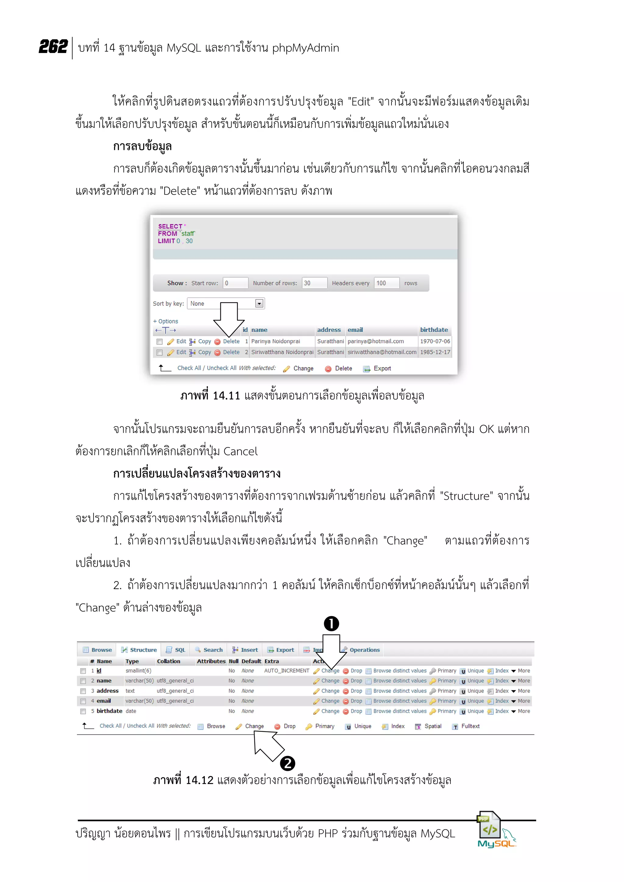262 บทที่ 14 ฐานข้อมูล MySQL และการใช้งาน phpMyAdmin
ให้คลิกที่รูปดินสอตรงแถวที่ต้องการปรับปรุงข้อมูล "Edit" จากนั้นจะมีฟอร์มแสดงข้อมูลเดิม
ขึ้นมาให้เลือกปรับปรุงข้อมูล สาหรับขั้นตอนนี้ก็เหมือนกับการเพิ่มข้อมูลแถวใหม่นั่นเอง
การลบข้อมูล
การลบก็ต้องเกิดข้อมูลตารางนั้นขึ้นมาก่อน เช่นเดียวกับการแก้ไข จากนั้นคลิกที่ ไอคอนวงกลมสี
แดงหรือที่ข้อความ "Delete" หน้าแถวที่ต้องการลบ ดังภาพ

ภาพที่ 14.11 แสดงขั้นตอนการเลือกข้อมูลเพื่อลบข้อมูล
จากนั้นโปรแกรมจะถามยืนยันการลบอีกครั้ง หากยืนยันที่จะลบ ก็ให้เลือกคลิกที่ปุ่ม OK แต่หาก
ต้องการยกเลิกก็ให้คลิกเลือกที่ปุ่ม Cancel
การเปลี่ยนแปลงโครงสร้างของตาราง
การแก้ไขโครงสร้างของตารางที่ต้องการจากเฟรมด้านซ้ายก่อน แล้วคลิกที่ "Structure" จากนั้น
จะปรากฏโครงสร้างของตารางให้เลือกแก้ไขดังนี้
1. ถ้าต้องการเปลี่ ย นแปลงเพีย งคอลั มน์ห นึ่ง ให้ เลือกคลิ ก "Change" ตามแถวที่ต้องการ
เปลี่ยนแปลง
2. ถ้าต้องการเปลี่ยนแปลงมากกว่า 1 คอลัมน์ ให้คลิกเซ็กบ็อกซ์ที่หน้าคอลัมน์นั้นๆ แล้วเลือกที่
"Change" ด้านล่างของข้อมูล





ภาพที่ 14.12 แสดงตัวอย่างการเลือกข้อมูลเพื่อแก้ไขโครงสร้างข้อมูล
ปริญญา น้อยดอนไพร || การเขียนโปรแกรมบนเว็บด้วย PHP ร่วมกับฐานข้อมูล MySQL

 