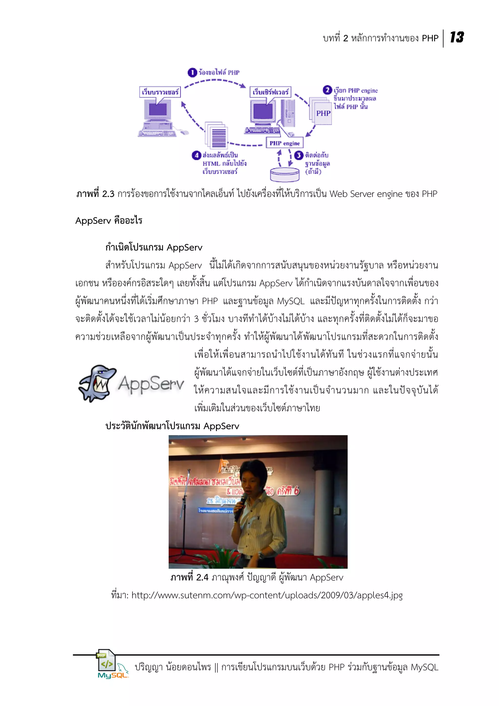 บทที่ 2 หลักการทางานของ PHP 13

ภาพที่ 2.3 การร้องขอการใช้งานจากไคลเอ็นท์ ไปยังเครื่องที่ให้บริการเป็น Web Server engine ของ PHP
AppServ คืออะไร
กาเนิดโปรแกรม AppServ
สาหรับโปรแกรม AppServ นี้ไม่ได้เกิดจากการสนับสนุนของหน่วยงานรัฐบาล หรือหน่วยงาน
เอกชน หรือองค์กรอิสระใดๆ เลยทั้งสิ้น แต่โปรแกรม AppServ ได้กาเนิดจากแรงบันดาลใจจากเพื่อนของ
ผู้พัฒนาคนหนึ่งที่ได้เริ่มศึกษาภาษา PHP และฐานข้อมูล MySQL และมีปัญหาทุกครั้งในการติดตั้ง กว่า
จะติดตั้งได้จะใช้เวลาไม่น้อยกว่า 3 ชั่วโมง บางทีทาได้บ้างไม่ได้บ้าง และทุกครั้ งที่ติดตั้งไม่ได้ก็จะมาขอ
ความช่วยเหลือจากผู้พัฒนาเป็นประจาทุกครั้ง ทาให้ผู้พัฒนาได้ พัฒนาโปรแกรมที่สะดวกในการติดตั้ง
เพื่ อให้ เพื่ อนสามารถนาไปใช้ง านได้ทั น ที ในช่ ว งแรกที่แ จกจ่ ายนั้ น
ผู้พัฒนาได้แจกจ่ายในเว็บไซต์ที่เป็นภาษาอังกฤษ ผู้ใช้งานต่างประเทศ
ให้ ค วามสนใจและมี ก ารใช้ ง านเป็ น จ านวนมาก และในปั จ จุ บั น ได้
เพิ่มเติมในส่วนของเว็บไซต์ภาษาไทย
ประวัตินักพัฒนาโปรแกรม AppServ

ภาพที่ 2.4 ภาณุพงศ์ ปัญญาดี ผู้พัฒนา AppServ
ที่มา: http://www.sutenm.com/wp-content/uploads/2009/03/apples4.jpg

ปริญญา น้อยดอนไพร || การเขียนโปรแกรมบนเว็บด้วย PHP ร่วมกับฐานข้อมูล MySQL

 