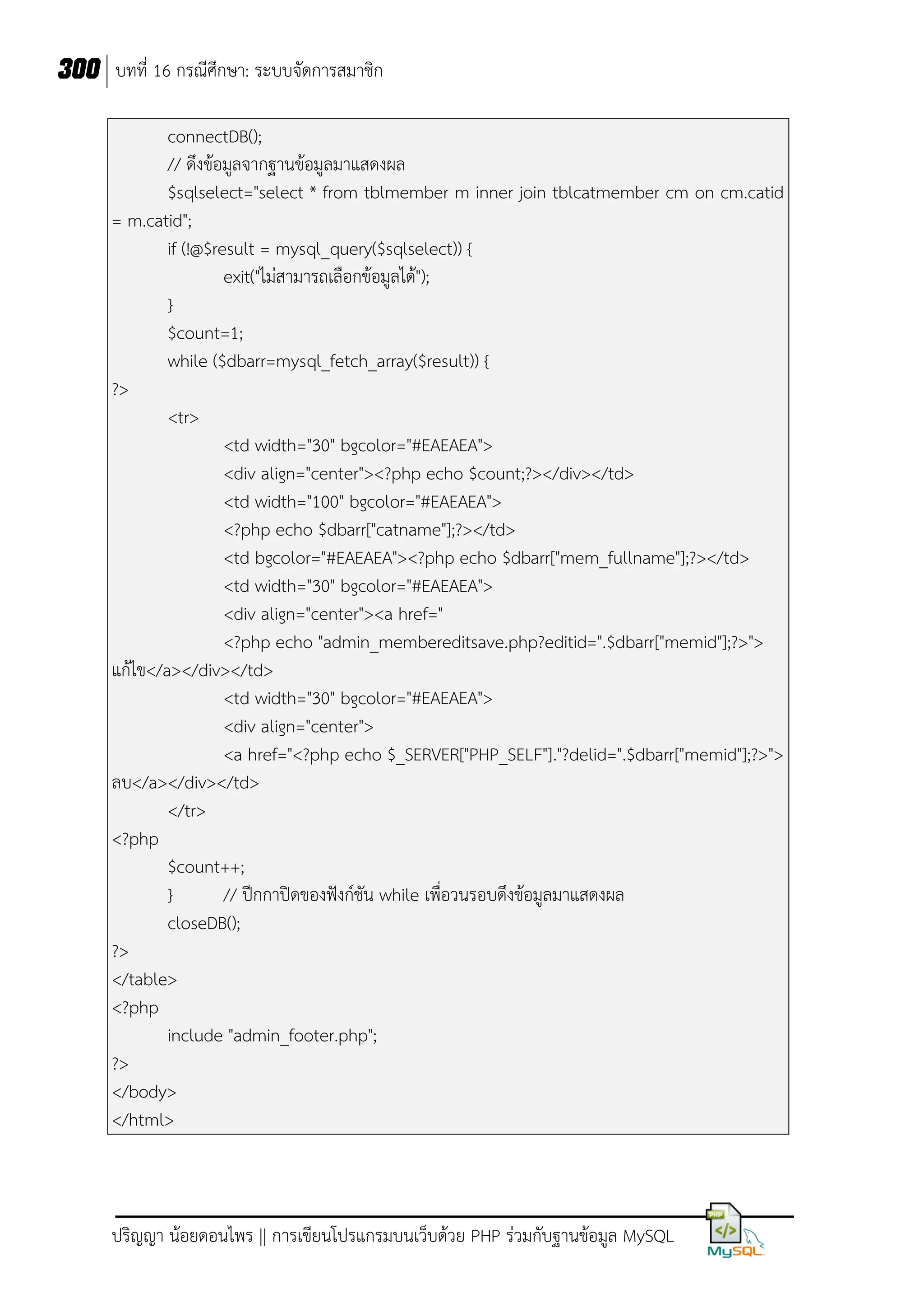 300 บทที่ 16 กรณีศึกษา: ระบบจัดการสมาชิก
connectDB();
// ดึงข้อมูลจากฐานข้อมูลมาแสดงผล
$sqlselect="select * from tblmember m inner join tblcatmember cm on cm.catid
= m.catid";
if (!@$result = mysql_query($sqlselect)) {
exit("ไม่สามารถเลือกข้อมูลได้");
}
$count=1;
while ($dbarr=mysql_fetch_array($result)) {
?>
<tr>
<td width="30" bgcolor="#EAEAEA">
<div align="center"><?php echo $count;?></div></td>
<td width="100" bgcolor="#EAEAEA">
<?php echo $dbarr["catname"];?></td>
<td bgcolor="#EAEAEA"><?php echo $dbarr["mem_fullname"];?></td>
<td width="30" bgcolor="#EAEAEA">
<div align="center"><a href="
<?php echo "admin_membereditsave.php?editid=".$dbarr["memid"];?>">
แก้ไข</a></div></td>
<td width="30" bgcolor="#EAEAEA">
<div align="center">
<a href="<?php echo $_SERVER["PHP_SELF"]."?delid=".$dbarr["memid"];?>">
ลบ</a></div></td>
</tr>
<?php
$count++;
}
// ปีกกาปิดของฟังก์ชัน while เพื่อวนรอบดึงข้อมูลมาแสดงผล
closeDB();
?>
</table>
<?php
include "admin_footer.php";
?>
</body>
</html>

ปริญญา น้อยดอนไพร || การเขียนโปรแกรมบนเว็บด้วย PHP ร่วมกับฐานข้อมูล MySQL

 
