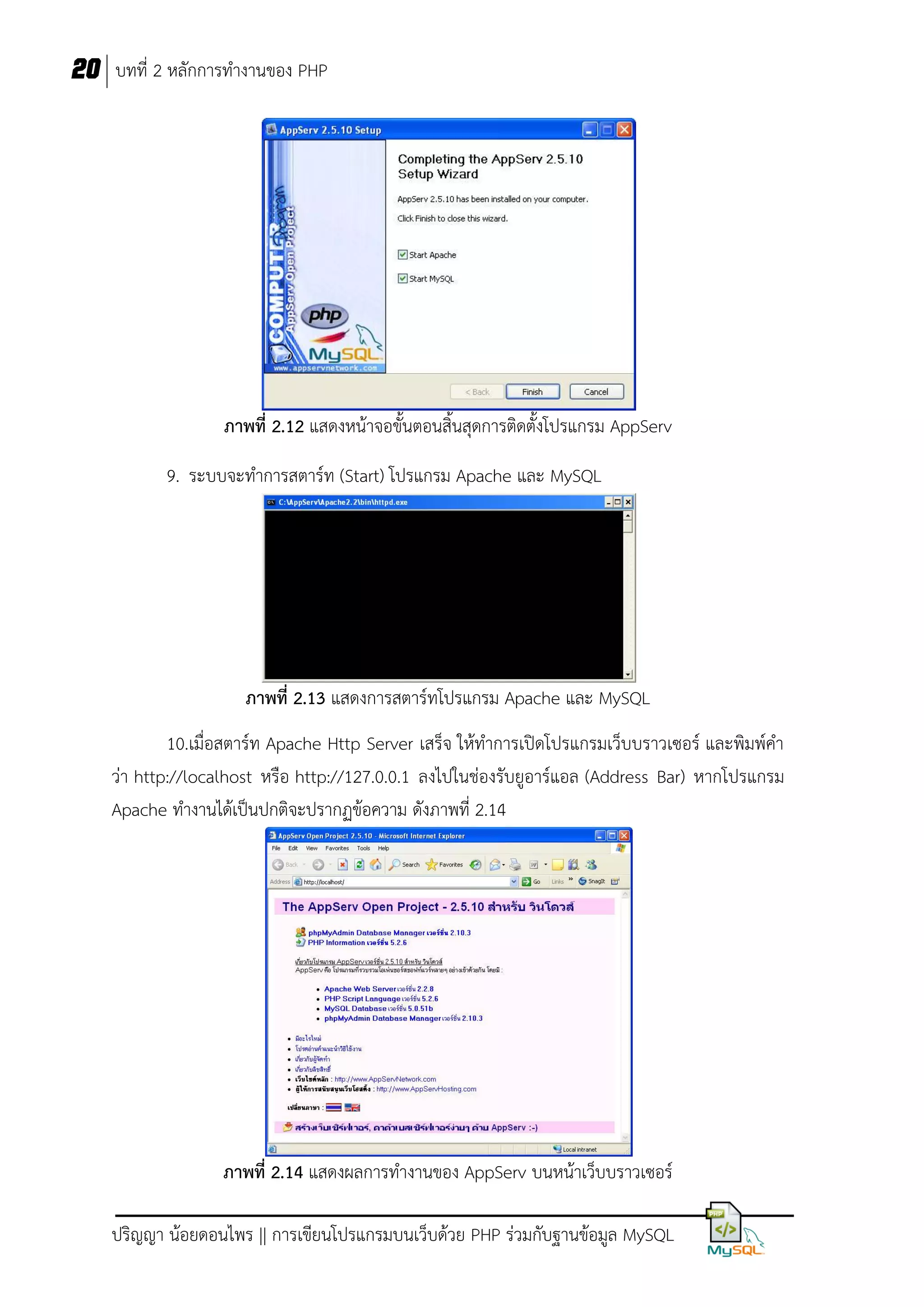 20 บทที่ 2 หลักการทางานของ PHP

ภาพที่ 2.12 แสดงหน้าจอขั้นตอนสิ้นสุดการติดตั้งโปรแกรม AppServ
9. ระบบจะทาการสตาร์ท (Start) โปรแกรม Apache และ MySQL

ภาพที่ 2.13 แสดงการสตาร์ทโปรแกรม Apache และ MySQL
10.เมื่อสตาร์ท Apache Http Server เสร็จ ให้ทาการเปิดโปรแกรมเว็บบราวเซอร์ และพิมพ์คา
ว่า http://localhost หรือ http://127.0.0.1 ลงไปในช่องรับยูอาร์แอล (Address Bar) หากโปรแกรม
Apache ทางานได้เป็นปกติจะปรากฏข้อความ ดังภาพที่ 2.14

ภาพที่ 2.14 แสดงผลการทางานของ AppServ บนหน้าเว็บบราวเซอร์
ปริญญา น้อยดอนไพร || การเขียนโปรแกรมบนเว็บด้วย PHP ร่วมกับฐานข้อมูล MySQL

 