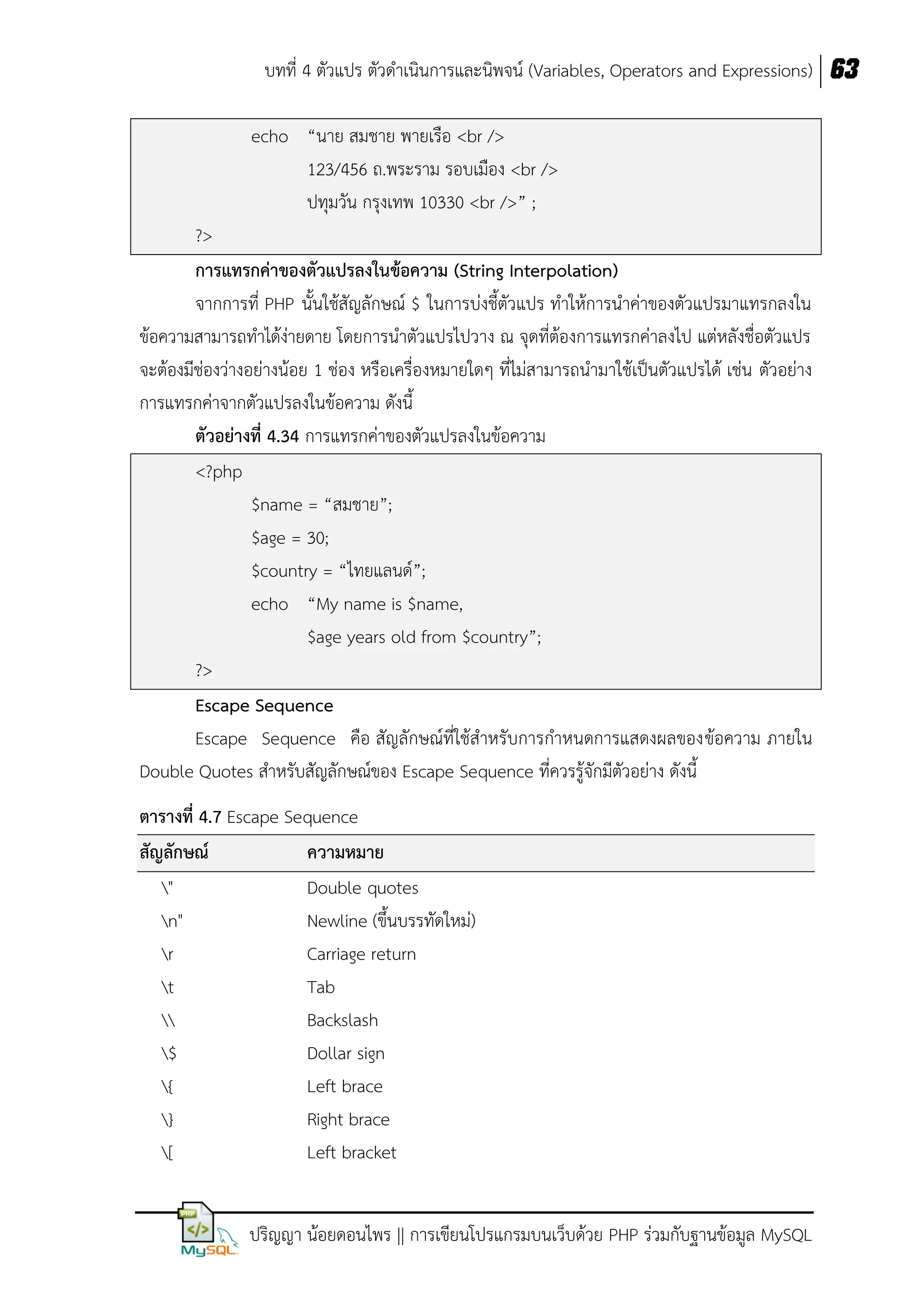 บทที่ 4 ตัวแปร ตัวดาเนินการและนิพจน์ (Variables, Operators and Expressions) 63
echo “นาย สมชาย พายเรือ <br />
123/456 ถ.พระราม รอบเมือง <br />
ปทุมวัน กรุงเทพ 10330 <br />” ;
?>
กำรแทรกค่ำของตัวแปรลงในข้อควำม (String Interpolation)
จากการที่ PHP นั้นใช้สัญลักษณ์ $ ในการบ่งชี้ตัวแปร ทาให้การนาค่าของตัวแปรมาแทรกลงใน
ข้อความสามารถทาได้ง่ายดาย โดยการนาตัวแปรไปวาง ณ จุดที่ต้องการแทรกค่าลงไป แต่หลังชื่อตัวแปร
จะต้องมีช่องว่างอย่างน้อย 1 ช่อง หรือเครื่องหมายใดๆ ที่ไม่สามารถนามาใช้เป็นตัวแปรได้ เช่น ตัวอย่าง
การแทรกค่าจากตัวแปรลงในข้อความ ดังนี้
ตัวอย่ำงที่ 4.34 การแทรกค่าของตัวแปรลงในข้อความ
<?php
$name = “สมชาย”;
$age = 30;
$country = “ไทยแลนด์”;
echo “My name is $name,
$age years old from $country”;
?>
Escape Sequence
Escape Sequence คือ สัญลักษณ์ที่ใช้สาหรับการกาหนดการแสดงผลของข้อความ ภายใน
Double Quotes สาหรับสัญลักษณ์ของ Escape Sequence ที่ควรรู้จักมีตัวอย่าง ดังนี้
ตำรำงที่ 4.7 Escape Sequence
สัญลักษณ์
ควำมหมำย
"
Double quotes
n"
Newline (ขึ้นบรรทัดใหม่)
r
Carriage return
t
Tab

Backslash
$
Dollar sign
{
Left brace
}
Right brace
[
Left bracket
ปริญญา น้อยดอนไพร || การเขียนโปรแกรมบนเว็บด้วย PHP ร่วมกับฐานข้อมูล MySQL

 
