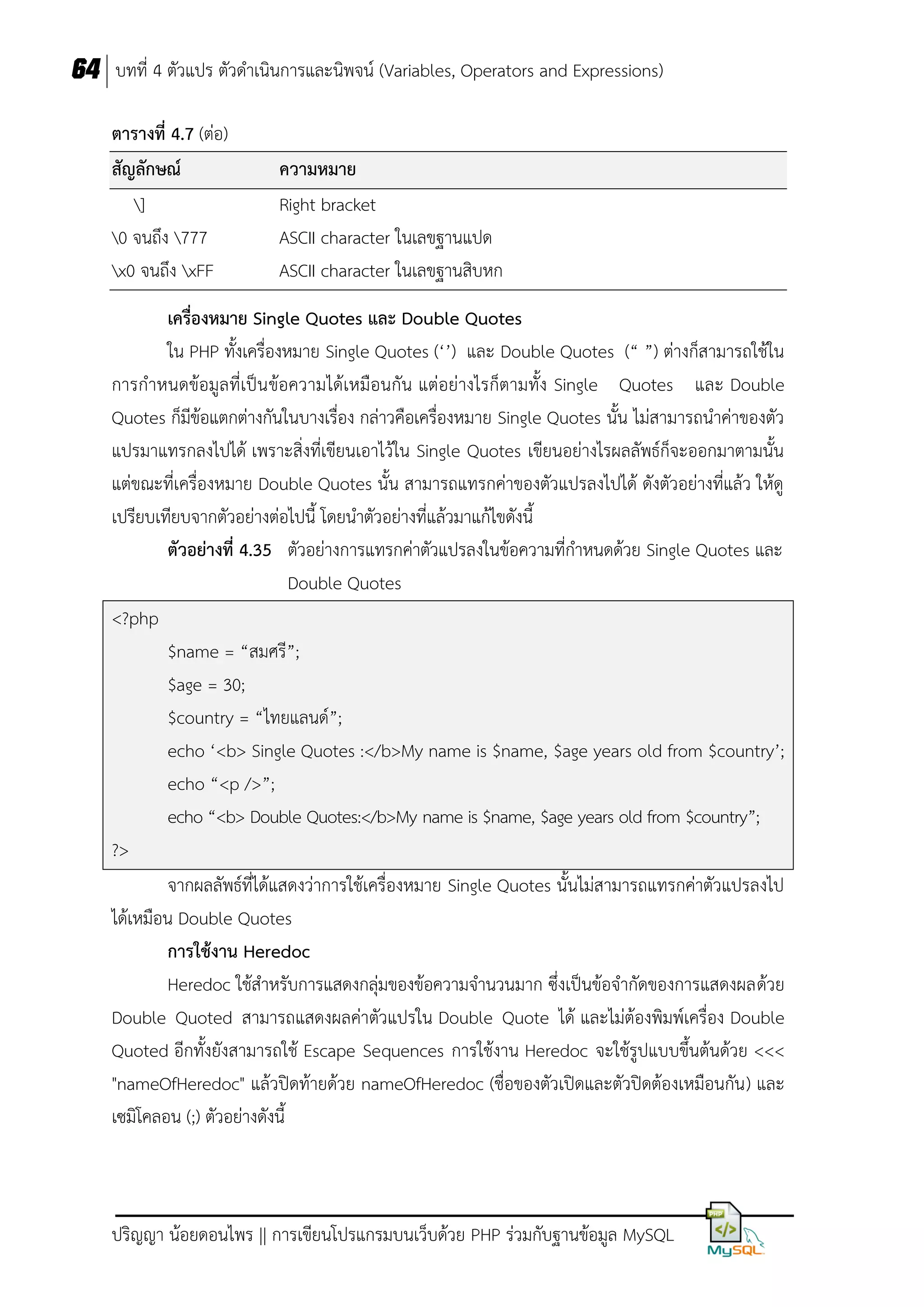 64 บทที่ 4 ตัวแปร ตัวดาเนินการและนิพจน์ (Variables, Operators and Expressions)
ตำรำงที่ 4.7 (ต่อ)
สัญลักษณ์
]
0 จนถึง 777
x0 จนถึง xFF

ควำมหมำย
Right bracket
ASCII character ในเลขฐานแปด
ASCII character ในเลขฐานสิบหก

เครื่องหมำย Single Quotes และ Double Quotes
ใน PHP ทั้งเครื่องหมาย Single Quotes (‘’) และ Double Quotes (“ ”) ต่างก็สามารถใช้ใน
การกาหนดข้อมูลที่เป็น ข้อความได้เหมือนกัน แต่อย่างไรก็ตามทั้ง Single Quotes และ Double
Quotes ก็มีข้อแตกต่างกันในบางเรื่อง กล่าวคือเครื่องหมาย Single Quotes นั้น ไม่สามารถนาค่าของตัว
แปรมาแทรกลงไปได้ เพราะสิ่งที่เขียนเอาไว้ใน Single Quotes เขียนอย่างไรผลลัพธ์ก็จะออกมาตามนั้น
แต่ขณะที่เครื่องหมาย Double Quotes นั้น สามารถแทรกค่าของตัวแปรลงไปได้ ดังตัวอย่างที่แล้ว ให้ดู
เปรียบเทียบจากตัวอย่างต่อไปนี้ โดยนาตัวอย่างที่แล้วมาแก้ไขดังนี้
ตัวอย่ำงที่ 4.35 ตัวอย่างการแทรกค่าตัวแปรลงในข้อความที่กาหนดด้วย Single Quotes และ
Double Quotes
<?php
$name = “สมศรี”;
$age = 30;
$country = “ไทยแลนด์”;
echo ‘<b> Single Quotes :</b>My name is $name, $age years old from $country’;
echo “<p />”;
echo “<b> Double Quotes:</b>My name is $name, $age years old from $country”;
?>
จากผลลัพธ์ที่ได้แสดงว่าการใช้เครื่องหมาย Single Quotes นั้นไม่สามารถแทรกค่าตัวแปรลงไป
ได้เหมือน Double Quotes
กำรใช้งำน Heredoc
Heredoc ใช้สาหรับการแสดงกลุ่มของข้อความจานวนมาก ซึ่งเป็นข้อจากัดของการแสดงผลด้วย
Double Quoted สามารถแสดงผลค่าตัวแปรใน Double Quote ได้ และไม่ต้องพิมพ์เครื่อง Double
Quoted อีกทั้งยังสามารถใช้ Escape Sequences การใช้งาน Heredoc จะใช้รูปแบบขึ้นต้นด้วย <<<
"nameOfHeredoc" แล้วปิดท้ายด้วย nameOfHeredoc (ชื่อของตัวเปิดและตัวปิดต้องเหมือนกัน ) และ
เซมิโคลอน (;) ตัวอย่างดังนี้

ปริญญา น้อยดอนไพร || การเขียนโปรแกรมบนเว็บด้วย PHP ร่วมกับฐานข้อมูล MySQL

 