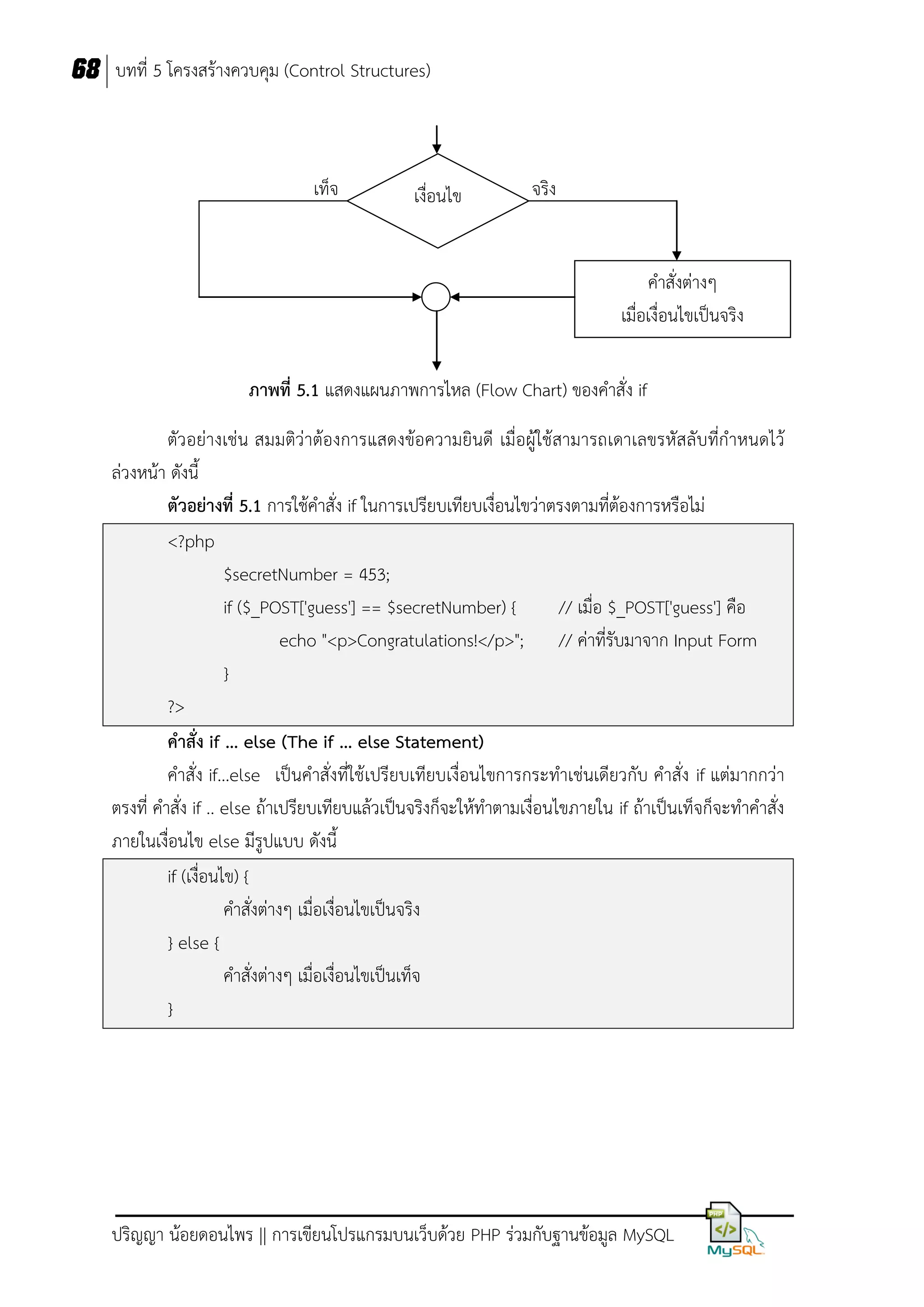 68 บทที่ 5 โครงสร้างควบคุม (Control Structures)

เท็จ

เงื่อนไข

จริง

คาสั่งต่างๆ
เมื่อเงื่อนไขเป็นจริง
ภาพที่ 5.1 แสดงแผนภาพการไหล (Flow Chart) ของคาสั่ง if
ตัวอย่างเช่น สมมติว่าต้องการแสดงข้อความยินดี เมื่อผู้ใช้สามารถเดาเลขรหัสลับที่กาหนดไว้
ล่วงหน้า ดังนี้
ตัวอย่างที่ 5.1 การใช้คาสั่ง if ในการเปรียบเทียบเงื่อนไขว่าตรงตามที่ต้องการหรือไม่
<?php
$secretNumber = 453;
if ($_POST['guess'] == $secretNumber) {
// เมื่อ $_POST['guess'] คือ
echo "<p>Congratulations!</p>"; // ค่าที่รับมาจาก Input Form
}
?>
คาสั่ง if ... else (The if ... else Statement)
คาสั่ง if...else เป็นคาสั่งที่ใช้เปรียบเทียบเงื่อนไขการกระทาเช่นเดียวกับ คาสั่ง if แต่มากกว่า
ตรงที่ คาสั่ง if .. else ถ้าเปรียบเทียบแล้วเป็นจริงก็จะให้ทาตามเงื่อนไขภายใน if ถ้าเป็นเท็จก็จะทาคาสั่ง
ภายในเงื่อนไข else มีรูปแบบ ดังนี้
if (เงื่อนไข) {
คาสั่งต่างๆ เมื่อเงื่อนไขเป็นจริง
} else {
คาสั่งต่างๆ เมื่อเงื่อนไขเป็นเท็จ
}

ปริญญา น้อยดอนไพร || การเขียนโปรแกรมบนเว็บด้วย PHP ร่วมกับฐานข้อมูล MySQL

 