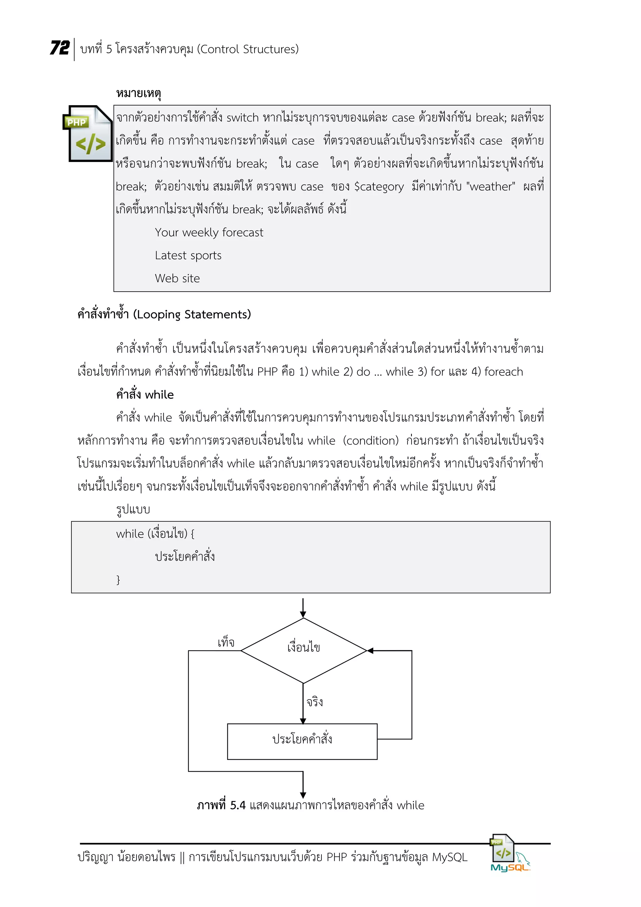 72 บทที่ 5 โครงสร้างควบคุม (Control Structures)
หมายเหตุ
จากตัวอย่างการใช้คาสั่ง switch หากไม่ระบุการจบของแต่ละ case ด้วยฟังก์ชัน break; ผลที่จะ
เกิดขึ้น คือ การทางานจะกระทาตั้งแต่ case ที่ตรวจสอบแล้วเป็นจริงกระทั้งถึง case สุดท้าย
หรือจนกว่าจะพบฟังก์ชัน break; ใน case ใดๆ ตัวอย่างผลที่จะเกิดขึ้นหากไม่ระบุฟังก์ชัน
break; ตัวอย่างเช่น สมมติให้ ตรวจพบ case ของ $category มีค่าเท่ากับ "weather" ผลที่
เกิดขึ้นหากไม่ระบุฟังก์ชัน break; จะได้ผลลัพธ์ ดังนี้
Your weekly forecast
Latest sports
Web site
คาสั่งทาซา (Looping Statements)
คาสั่งทาซ้า เป็ นหนึ่งในโครงสร้างควบคุม เพื่อควบคุมคาสั่งส่ วนใดส่วนหนึ่งให้ทางานซ้าตาม
เงื่อนไขที่กาหนด คาสั่งทาซ้าที่นิยมใช้ใน PHP คือ 1) while 2) do … while 3) for และ 4) foreach
คาสั่ง while
คาสั่ง while จัดเป็นคาสั่งที่ใช้ในการควบคุมการทางานของโปรแกรมประเภทคาสั่งทาซ้า โดยที่
หลักการทางาน คือ จะทาการตรวจสอบเงื่อนไขใน while (condition) ก่อนกระทา ถ้าเงื่อนไขเป็นจริง
โปรแกรมจะเริ่มทาในบล็อกคาสั่ง while แล้วกลับมาตรวจสอบเงื่อนไขใหม่อีกครั้ง หากเป็นจริงก็จาทาซ้า
เช่นนี้ไปเรื่อยๆ จนกระทั้งเงื่อนไขเป็นเท็จจึงจะออกจากคาสั่งทาซ้า คาสั่ง while มีรูปแบบ ดังนี้
รูปแบบ
while (เงื่อนไข) {
ประโยคคาสั่ง
}

เท็จ

เงื่อนไข
จริง
ประโยคคาสั่ง

ภาพที่ 5.4 แสดงแผนภาพการไหลของคาสั่ง while
ปริญญา น้อยดอนไพร || การเขียนโปรแกรมบนเว็บด้วย PHP ร่วมกับฐานข้อมูล MySQL

 