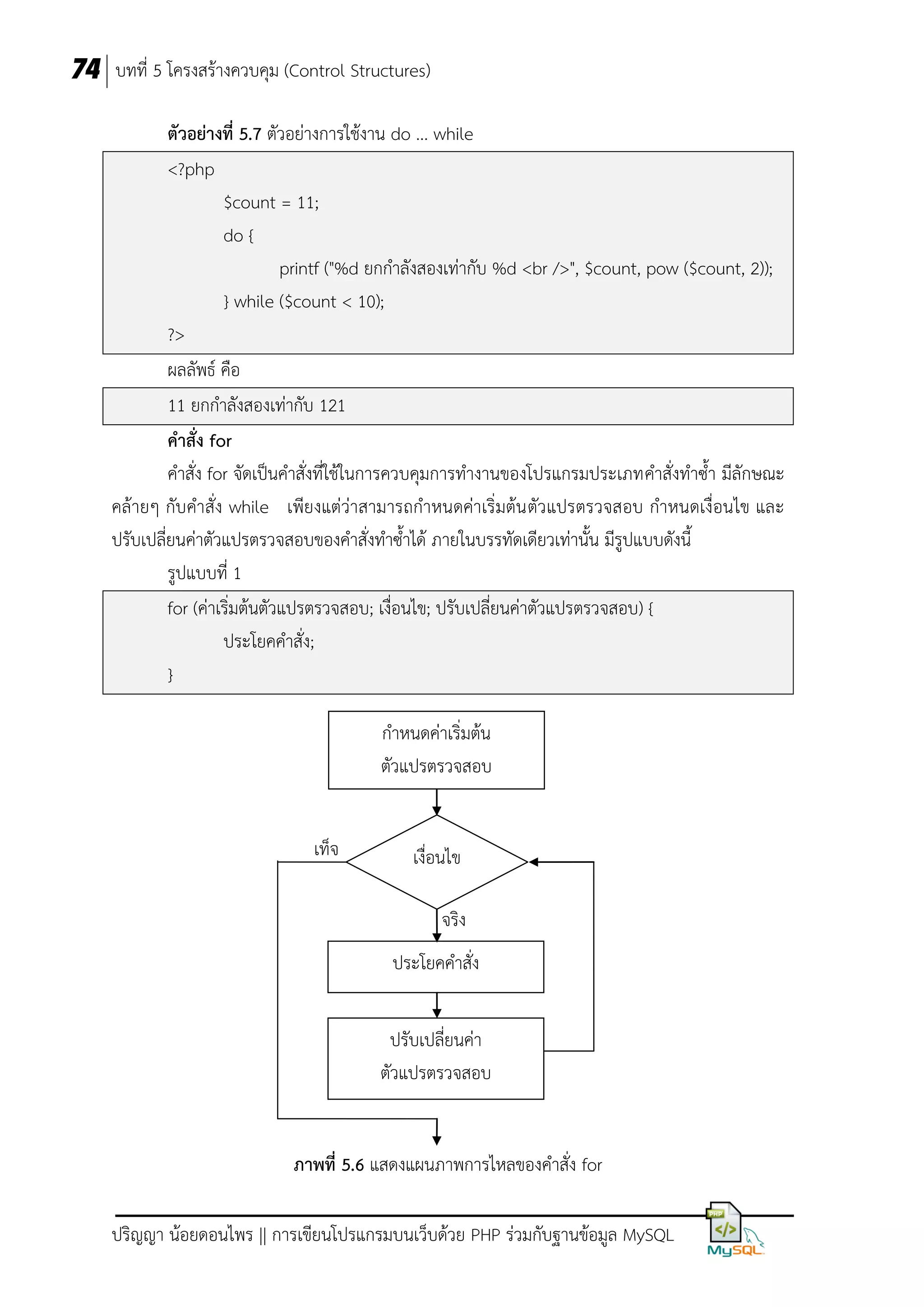 74 บทที่ 5 โครงสร้างควบคุม (Control Structures)
ตัวอย่างที่ 5.7 ตัวอย่างการใช้งาน do ... while
<?php
$count = 11;
do {
printf ("%d ยกกาลังสองเท่ากับ %d <br />", $count, pow ($count, 2));
} while ($count < 10);
?>
ผลลัพธ์ คือ
11 ยกกาลังสองเท่ากับ 121
คาสั่ง for
คาสั่ง for จัดเป็นคาสั่งที่ใช้ในการควบคุมการทางานของโปรแกรมประเภทคาสั่งทาซ้า มีลักษณะ
คล้ายๆ กับคาสั่ง while เพียงแต่ว่าสามารถกาหนดค่าเริ่มต้น ตัวแปรตรวจสอบ กาหนดเงื่อนไข และ
ปรับเปลี่ยนค่าตัวแปรตรวจสอบของคาสั่งทาซ้าได้ ภายในบรรทัดเดียวเท่านั้น มีรูปแบบดังนี้
รูปแบบที่ 1
for (ค่าเริ่มต้นตัวแปรตรวจสอบ; เงื่อนไข; ปรับเปลี่ยนค่าตัวแปรตรวจสอบ) {
ประโยคคาสั่ง;
}
กาหนดค่าเริ่มต้น
ตัวแปรตรวจสอบ
เท็จ

เงื่อนไข
จริง
ประโยคคาสั่ง
ปรับเปลี่ยนค่า
ตัวแปรตรวจสอบ

ภาพที่ 5.6 แสดงแผนภาพการไหลของคาสั่ง for
ปริญญา น้อยดอนไพร || การเขียนโปรแกรมบนเว็บด้วย PHP ร่วมกับฐานข้อมูล MySQL

 