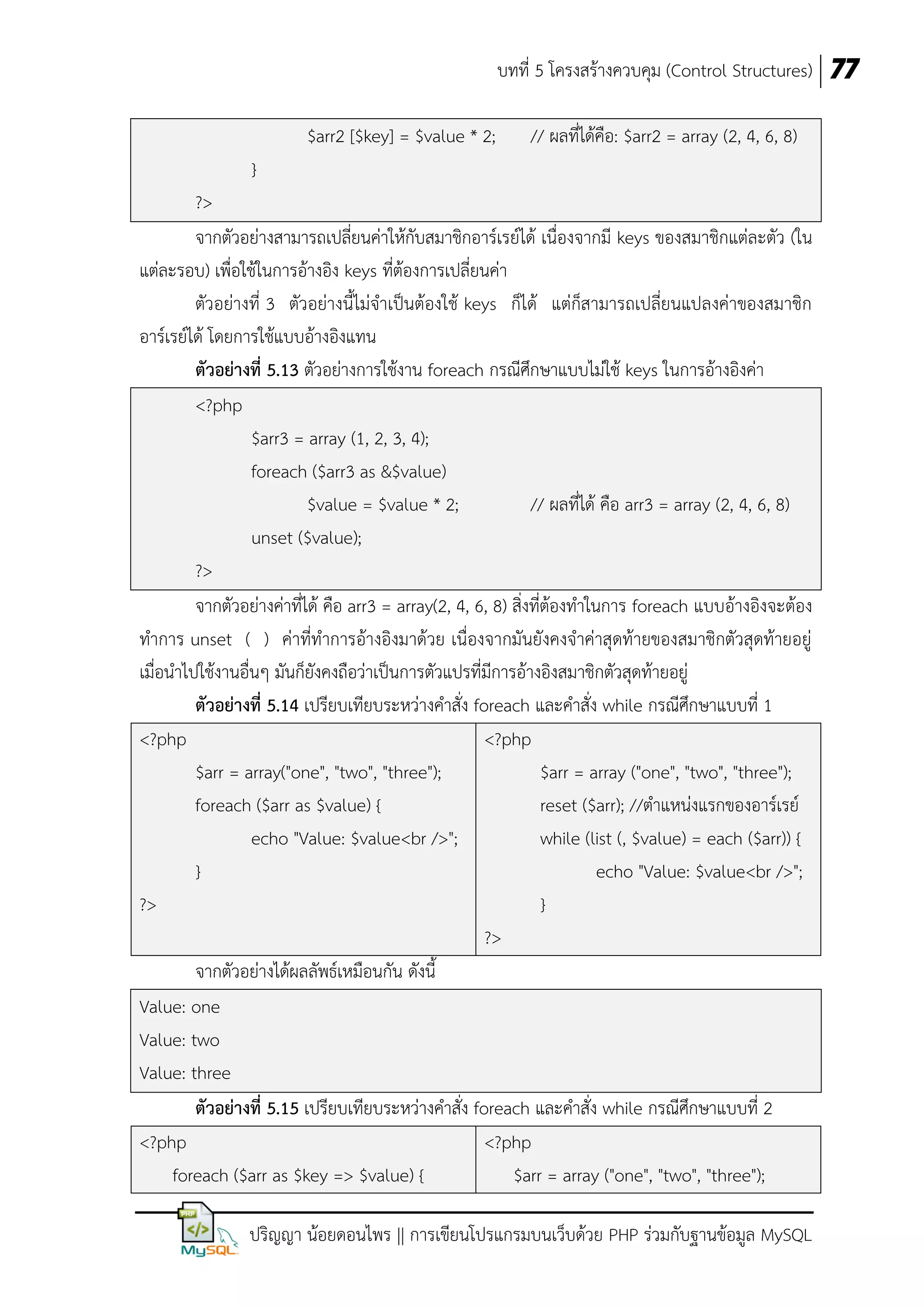 บทที่ 5 โครงสร้างควบคุม (Control Structures) 77
$arr2 [$key] = $value * 2;

// ผลที่ได้คือ: $arr2 = array (2, 4, 6, 8)

}
?>
จากตัวอย่างสามารถเปลี่ยนค่าให้กับสมาชิกอาร์เรย์ได้ เนื่องจากมี keys ของสมาชิกแต่ละตัว (ใน
แต่ละรอบ) เพื่อใช้ในการอ้างอิง keys ที่ต้องการเปลี่ยนค่า
ตัวอย่างที่ 3 ตัวอย่างนี้ไม่จาเป็นต้องใช้ keys ก็ได้ แต่ก็สามารถเปลี่ยนแปลงค่าของสมาชิก
อาร์เรย์ได้ โดยการใช้แบบอ้างอิงแทน
ตัวอย่างที่ 5.13 ตัวอย่างการใช้งาน foreach กรณีศึกษาแบบไม่ใช้ keys ในการอ้างอิงค่า
<?php
$arr3 = array (1, 2, 3, 4);
foreach ($arr3 as &$value)
$value = $value * 2;
// ผลที่ได้ คือ arr3 = array (2, 4, 6, 8)
unset ($value);
?>
จากตัวอย่างค่าที่ได้ คือ arr3 = array(2, 4, 6, 8) สิ่งที่ต้องทาในการ foreach แบบอ้างอิงจะต้อง
ทาการ unset ( ) ค่าที่ทาการอ้างอิงมาด้วย เนื่องจากมันยังคงจาค่าสุดท้ายของสมาชิกตัวสุดท้ายอยู่
เมื่อนาไปใช้งานอื่นๆ มันก็ยังคงถือว่าเป็นการตัวแปรที่มีการอ้างอิงสมาชิกตัวสุดท้ายอยู่
ตัวอย่างที่ 5.14 เปรียบเทียบระหว่างคาสั่ง foreach และคาสั่ง while กรณีศึกษาแบบที่ 1
<?php
<?php
$arr = array("one", "two", "three");
$arr = array ("one", "two", "three");
foreach ($arr as $value) {
reset ($arr); //ตาแหน่งแรกของอาร์เรย์
echo "Value: $value<br />";
while (list (, $value) = each ($arr)) {
}
echo "Value: $value<br />";
?>
}
?>
จากตัวอย่างได้ผลลัพธ์เหมือนกัน ดังนี้
Value: one
Value: two
Value: three
ตัวอย่างที่ 5.15 เปรียบเทียบระหว่างคาสั่ง foreach และคาสั่ง while กรณีศึกษาแบบที่ 2
<?php
<?php
foreach ($arr as $key => $value) {
$arr = array ("one", "two", "three");
ปริญญา น้อยดอนไพร || การเขียนโปรแกรมบนเว็บด้วย PHP ร่วมกับฐานข้อมูล MySQL

 
