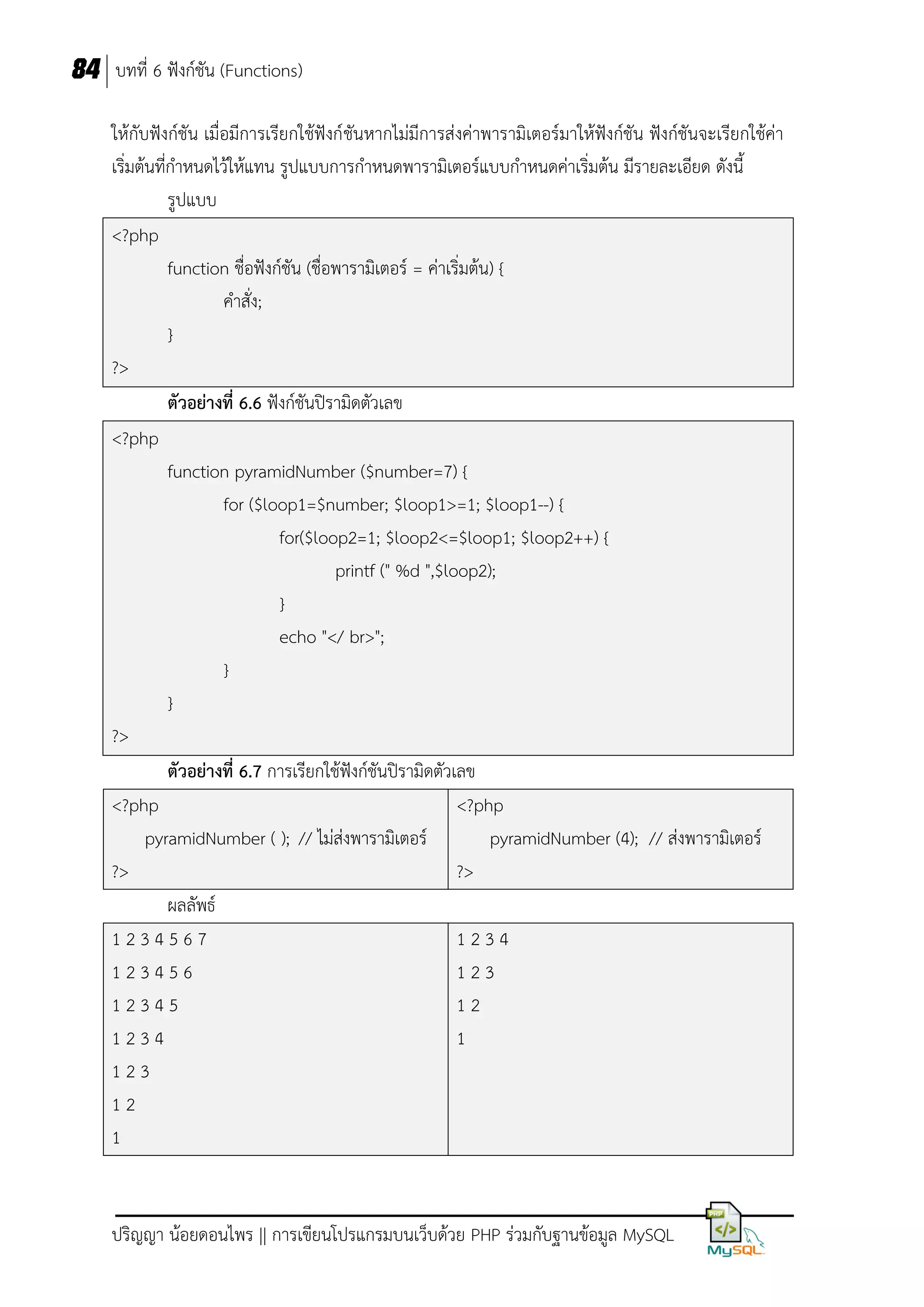 84 บทที่ 6 ฟังก์ชัน (Functions)
ให้กับฟังก์ชัน เมื่อมีการเรียกใช้ฟังก์ ชันหากไม่มีการส่งค่าพารามิเตอร์มาให้ฟังก์ชัน ฟังก์ชันจะเรียกใช้ค่า
เริ่มต้นที่กาหนดไว้ให้แทน รูปแบบการกาหนดพารามิเตอร์แบบกาหนดค่าเริ่มต้น มีรายละเอียด ดังนี้
รูปแบบ
<?php
function ชื่อฟังก์ชัน (ชื่อพารามิเตอร์ = ค่าเริ่มต้น) {
คาสั่ง;
}
?>
ตัวอย่างที่ 6.6 ฟังก์ชันปิรามิดตัวเลข
<?php
function pyramidNumber ($number=7) {
for ($loop1=$number; $loop1>=1; $loop1--) {
for($loop2=1; $loop2<=$loop1; $loop2++) {
printf (" %d ",$loop2);
}
echo "</ br>";
}
}
?>
ตัวอย่างที่ 6.7 การเรียกใช้ฟังก์ชันปิรามิดตัวเลข
<?php
<?php
pyramidNumber ( ); // ไม่ส่งพารามิเตอร์
pyramidNumber (4); // ส่งพารามิเตอร์
?>
?>
ผลลัพธ์
1234567
1234
123456
123
12345
12
1234
1
123
12
1

ปริญญา น้อยดอนไพร || การเขียนโปรแกรมบนเว็บด้วย PHP ร่วมกับฐานข้อมูล MySQL

 
