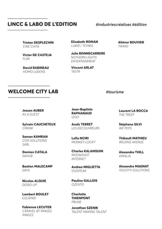 LINCC & LABO DE L’EDITION		 #industriescréatives #édition
Tristan DESPLECHIN
CINE CHITA
Victor DE CASTEJA
FLIM
David RABINEAU
HOMO LUDENS
Vincent ARLAT
TASTR
Elisabeth ROMAN
LUKID / TCHIKA
Julie BONNECARRERE	
NOTHERN LIGHTS
ENTERTAINMENT
Aliénor BOUVIER
TIKINO
WELCOME CITY LAB					#tourisme
Jesson AUBER
AS A GUEST
Sylvain CAUCHETEUX
CIRKWI
Saman KAMRAN
COD SOLUTIONS
SARL
Damien CATALA
DAHUB
Bastien MALECAMP
DAYA
Nicolas ALQUIE
DODO-UP
Lambert BOULEY
ESCAPAD
Stéphane SILVI
WE PEPS
Thibault MATHIEU
WILKINS AVENUE
Fabienne LECUYER
CARAVEL BY IMAGES
IMAGES
Jean-Baptiste
RAPHANAUD
IZHO
Anaïs TERRET
LES DECOUVREURS
Leïla NCIRI
MONKEY-LOCKY
Charles KALANQUIN
MOONSHOT
INTERNET
Andrea MIGLIETTA
OUISPEAK
Pauline GALLOIS
OZENTO
Charlotte
THIENPONT
PRUNE
Jonathan SZENIK
TALENT MAKING TALENT
Laurent LA ROCCA
THE TREEP
Alexandre MAGNAT
YOUSTITI SOLUTIONS
Alexandre THILL
XIMALIA
 