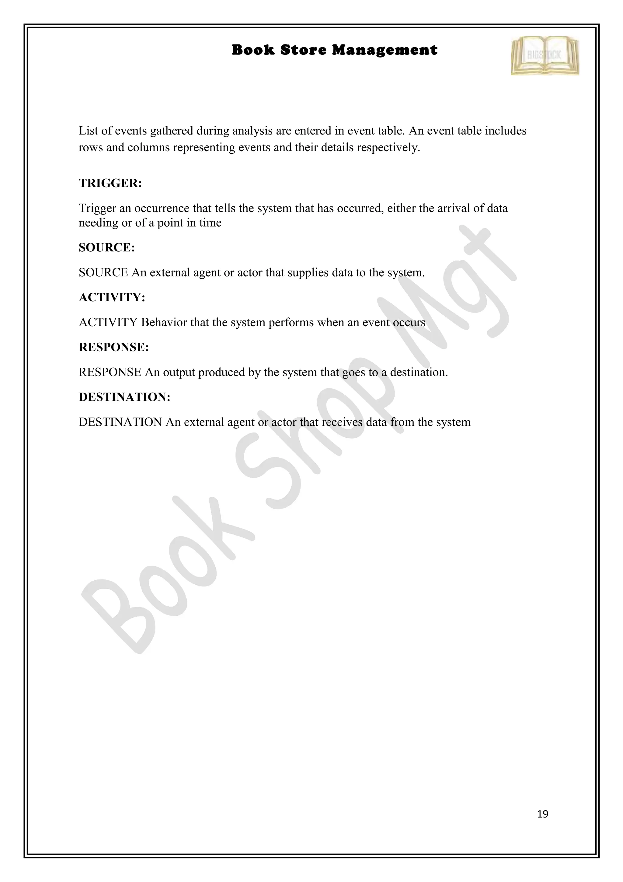 19
Book Store Management
List of events gathered during analysis are entered in event table. An event table includes
rows and columns representing events and their details respectively.
TRIGGER:
Trigger an occurrence that tells the system that has occurred, either the arrival of data
needing or of a point in time
SOURCE:
SOURCE An external agent or actor that supplies data to the system.
ACTIVITY:
ACTIVITY Behavior that the system performs when an event occurs
RESPONSE:
RESPONSE An output produced by the system that goes to a destination.
DESTINATION:
DESTINATION An external agent or actor that receives data from the system
 