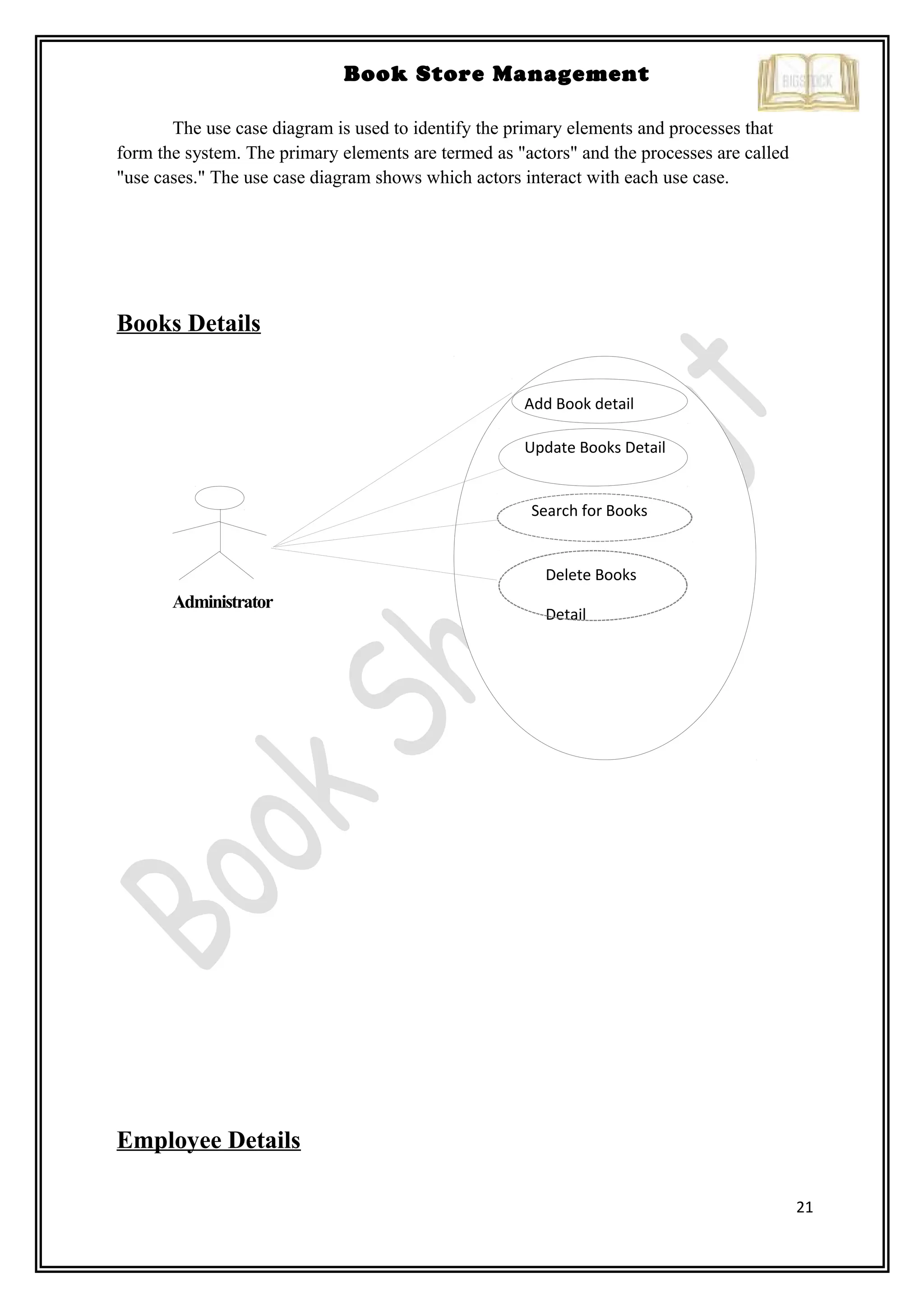 21
Book Store Management
The use case diagram is used to identify the primary elements and processes that
form the system. The primary elements are termed as "actors" and the processes are called
"use cases." The use case diagram shows which actors interact with each use case.
Books Details
Employee Details
Add Book detail
Search for Books
Delete Books
Detail
Administrator
Update Books Detail
 
