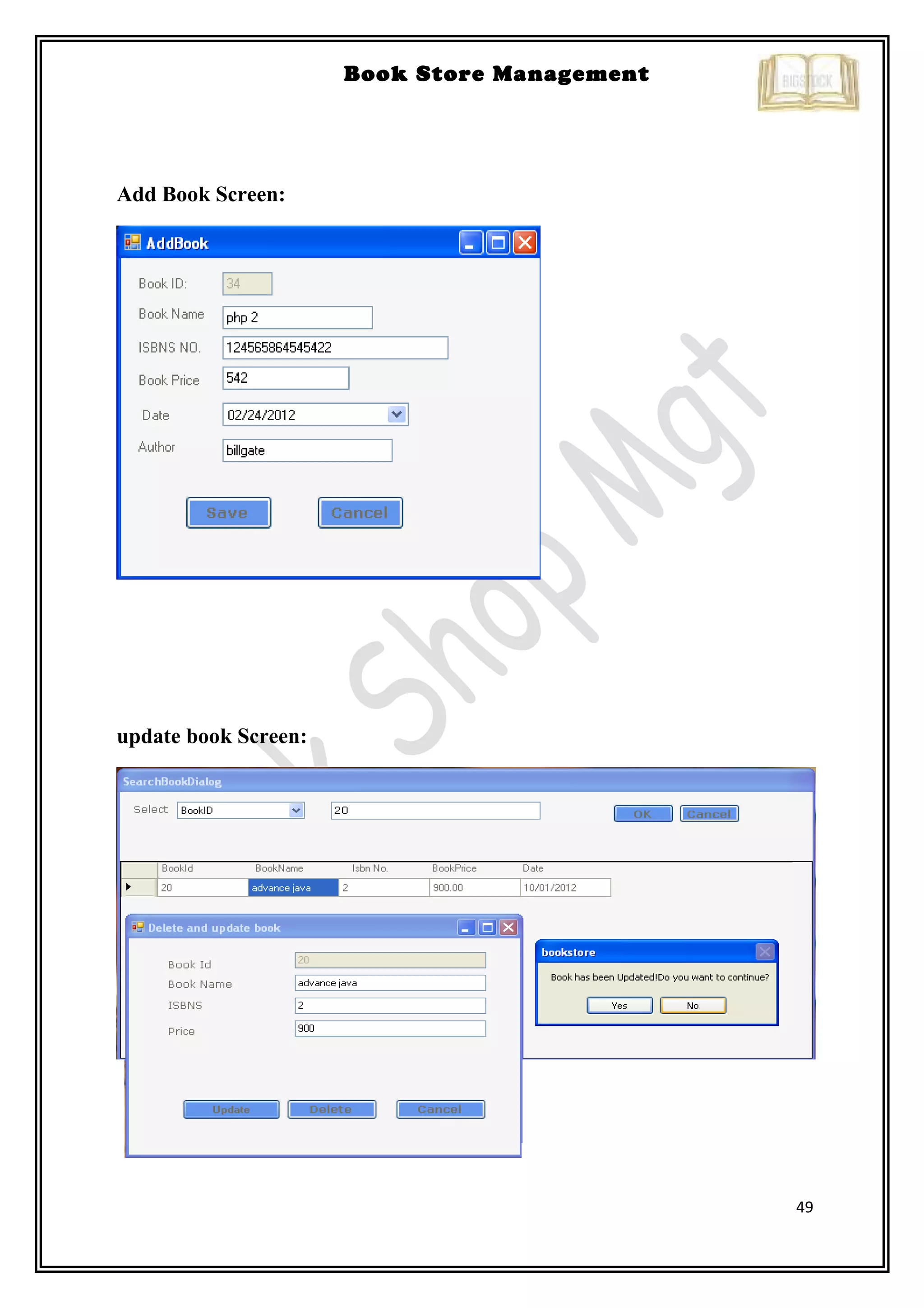 49
Book Store Management
Add Book Screen:
update book Screen:
 