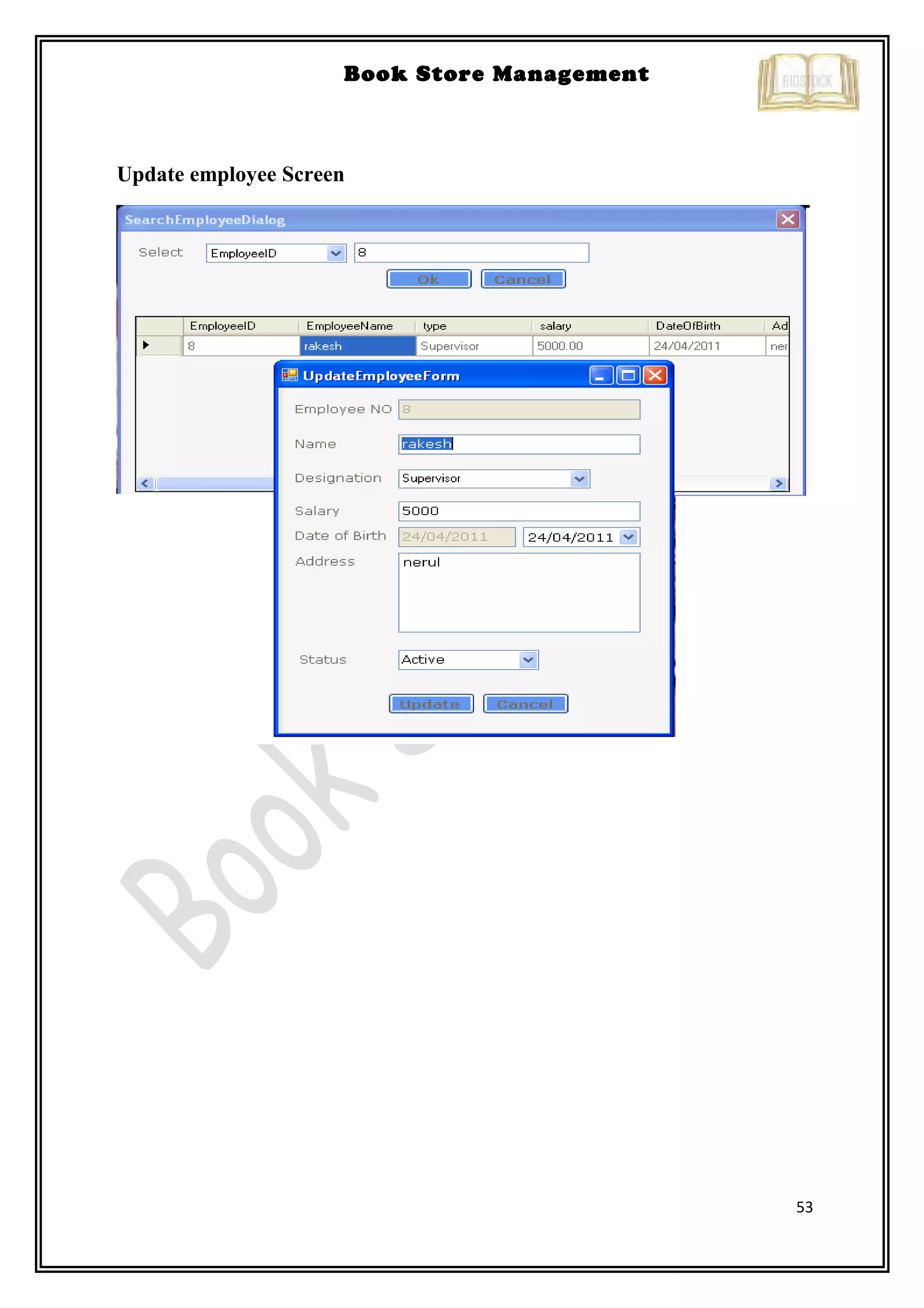 53
Book Store Management
Update employee Screen
 