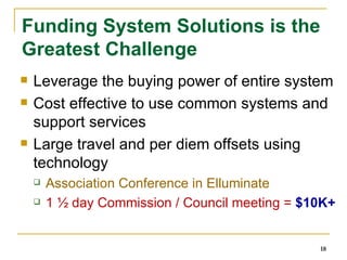 Funding System Solutions is the Greatest Challenge Leverage the buying power of entire system Cost effective to use common systems and support services Large travel and per diem offsets using technology  Association Conference in Elluminate 1 ½ day Commission / Council meeting =  $10K+ 
