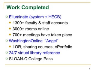 Work Completed Elluminate (system + HECB) 1300+ faculty & staff accounts 3000+ rooms online 700+ meetings have taken place WashingtonOnline  “Angel” LOR, sharing courses, ePortfolio 24/7 virtual library reference SLOAN-C College Pass 