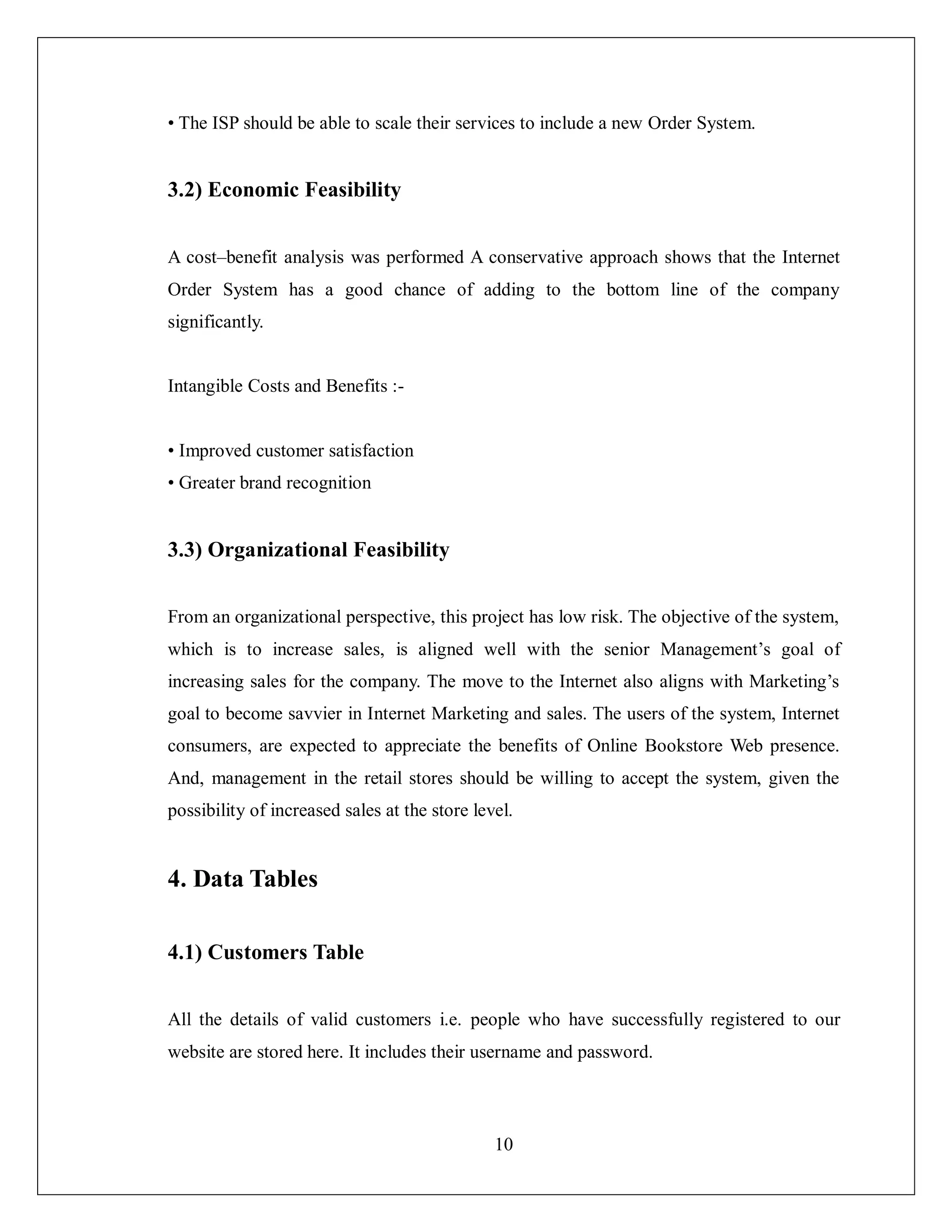10
• The ISP should be able to scale their services to include a new Order System.
3.2) Economic Feasibility
A cost–benefit analysis was performed A conservative approach shows that the Internet
Order System has a good chance of adding to the bottom line of the company
significantly.
Intangible Costs and Benefits :-
• Improved customer satisfaction
• Greater brand recognition
3.3) Organizational Feasibility
From an organizational perspective, this project has low risk. The objective of the system,
which is to increase sales, is aligned well with the senior Management’s goal of
increasing sales for the company. The move to the Internet also aligns with Marketing’s
goal to become savvier in Internet Marketing and sales. The users of the system, Internet
consumers, are expected to appreciate the benefits of Online Bookstore Web presence.
And, management in the retail stores should be willing to accept the system, given the
possibility of increased sales at the store level.
4. Data Tables
4.1) Customers Table
All the details of valid customers i.e. people who have successfully registered to our
website are stored here. It includes their username and password.
 