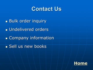Contact Us
 Bulk order inquiry
 Undelivered orders
 Company information
 Sell us new books
Home
 