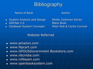 Bibliography
Website Referred
 www.amazon.com
 www.flipcart.com
 www.GPOUSGovernment Bookstore.com
 www.nbcindia.com
 www.infibeam.com
 www.openbooksystem.com
Name of Book Author
 System Analysis and Design Shelly Cashman Series
 ASP.Net 2.0 Black Book
 Database System Concepts Peter Rob & Carlos Coronel
 