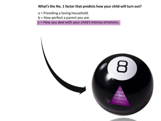 What’s the No. 1 factor that predicts how your child will turn out?
a = Providing a loving household.
b = How perfect a parent you are.
c = How you deal with your child’s intense emotions.
 