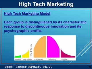 Prof. Sameer Mathur, Ph.D.
High Tech Marketing
12
High Tech Marketing Model
Each group is distinguished by its characteristic
response to discontinuous innovation and its
psychographic profile.
 