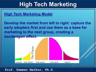 Prof. Sameer Mathur, Ph.D.
High Tech Marketing
13
High Tech Marketing Model
Develop the market from left to right: capture the
early adopters first and use them as a base for
marketing to the next group, creating a
bandwagon effect.
 