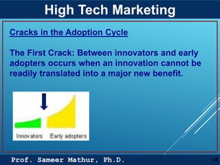 Prof. Sameer Mathur, Ph.D.
High Tech Marketing
15
Cracks in the Adoption Cycle
The First Crack: Between innovators and early
adopters occurs when an innovation cannot be
readily translated into a major new benefit.
 