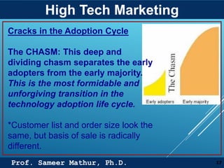 Prof. Sameer Mathur, Ph.D.
High Tech Marketing
17
Cracks in the Adoption Cycle
The CHASM: This deep and
dividing chasm separates the early
adopters from the early majority.
This is the most formidable and
unforgiving transition in the
technology adoption life cycle.
*Customer list and order size look the
same, but basis of sale is radically
different.
 