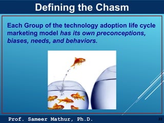 Prof. Sameer Mathur, Ph.D.
Defining the Chasm
22
Each Group of the technology adoption life cycle
marketing model has its own preconceptions,
biases, needs, and behaviors.
 