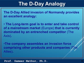 Prof. Sameer Mathur, Ph.D.
The D-Day Analogy
26
The D-Day Allied invasion of Normandy provides
an excellent analogy:
• The Long-term goal is to enter and take control
of a mainstream market (Europe) that is currently
dominated by an entrenched competitor (The
Axis).
•The company assembles an invasion force
comprising other products and companies (The
Allies).
 