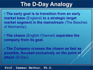 Prof. Sameer Mathur, Ph.D.
The D-Day Analogy
27
• The early goal is to transition from an early
market base (England) to a strategic target
market segment in the mainstream (The Beaches
of Normandy).
• The chasm (English Channel) separates the
company from its goal.
• The Company crosses the chasm as fast as
possible, focused exclusively on the point of
attack (D-Day).
 