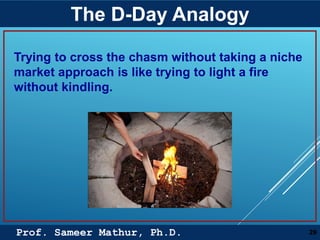 Prof. Sameer Mathur, Ph.D.
The D-Day Analogy
29
Trying to cross the chasm without taking a niche
market approach is like trying to light a fire
without kindling.
 