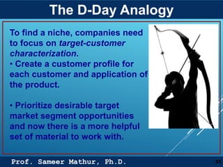Prof. Sameer Mathur, Ph.D.
The D-Day Analogy
33
To find a niche, companies need
to focus on target-customer
characterization.
• Create a customer profile for
each customer and application of
the product.
• Prioritize desirable target
market segment opportunities
and now there is a more helpful
set of material to work with.
 