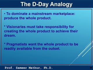 Prof. Sameer Mathur, Ph.D.
The D-Day Analogy
39
• To dominate a mainstream marketplace:
produce the whole product.
* Visionaries must take responsibility for
creating the whole product to achieve their
dream.
* Pragmatists want the whole product to be
readily available from the outset.
 