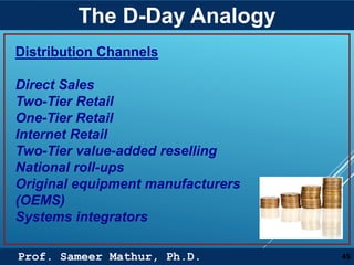 Prof. Sameer Mathur, Ph.D.
The D-Day Analogy
45
Distribution Channels
Direct Sales
Two-Tier Retail
One-Tier Retail
Internet Retail
Two-Tier value-added reselling
National roll-ups
Original equipment manufacturers
(OEMS)
Systems integrators
 
