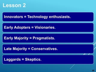 Innovators = Technology enthusiasts.
Early Adopters = Visionaries.
Early Majority = Pragmatists.
Late Majority = Conservatives.
Laggards = Skeptics.
10
Lesson 2
 