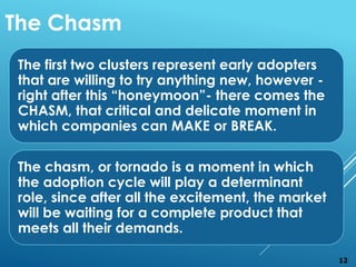 The first two clusters represent early adopters
that are willing to try anything new, however -
right after this “honeymoon”- there comes the
CHASM, that critical and delicate moment in
which companies can MAKE or BREAK.
The chasm, or tornado is a moment in which
the adoption cycle will play a determinant
role, since after all the excitement, the market
will be waiting for a complete product that
meets all their demands.
The Chasm
12
 