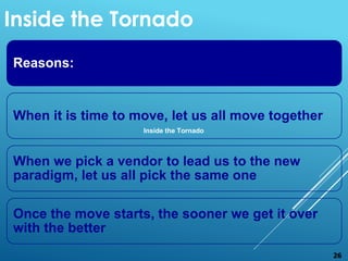 Reasons:
When it is time to move, let us all move together
When we pick a vendor to lead us to the new
paradigm, let us all pick the same one
Once the move starts, the sooner we get it over
with the better
26
Inside the Tornado
Inside the Tornado
 
